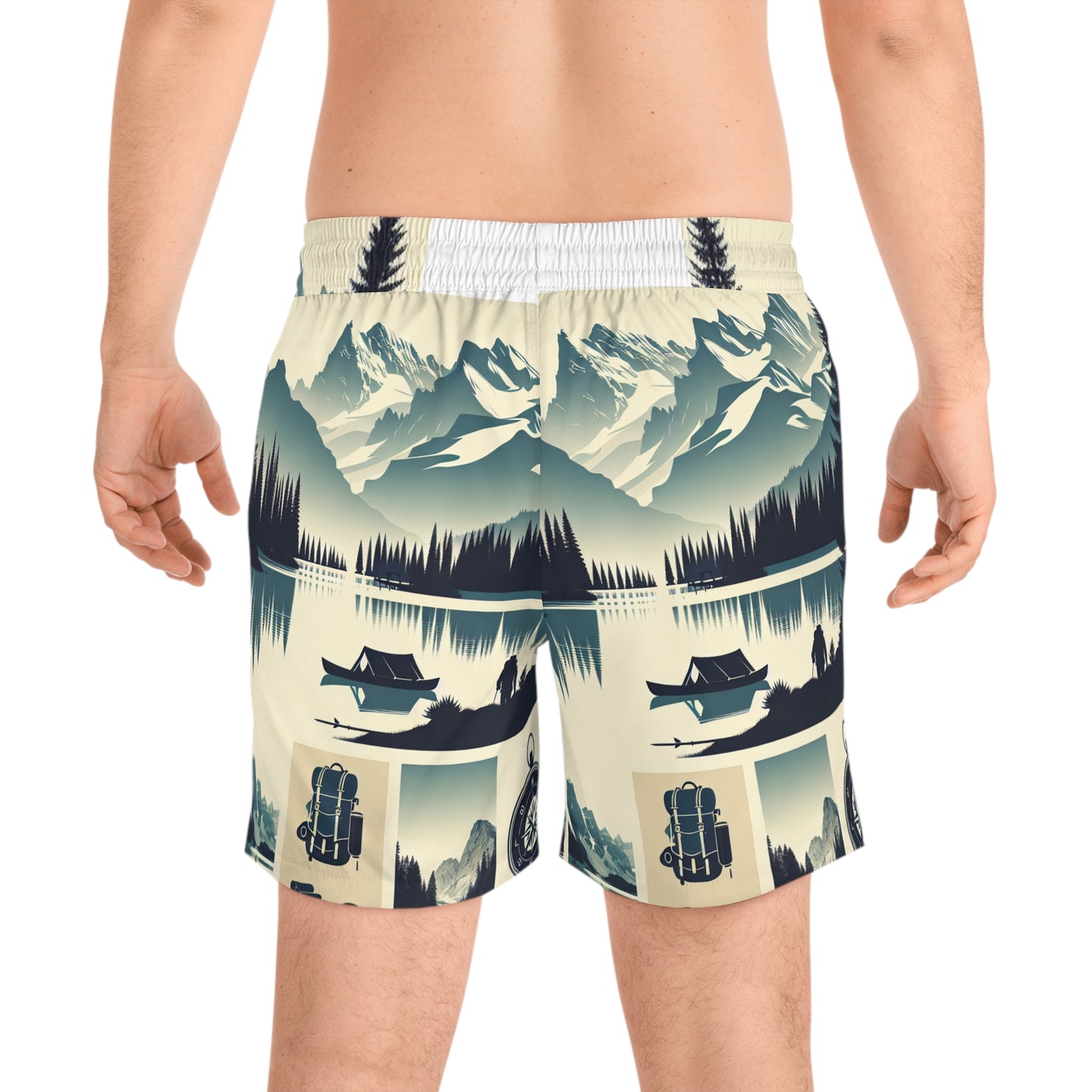 Vintage Mountain Lake Print Swim Shorts - Scenic Outdoor Travel Pattern