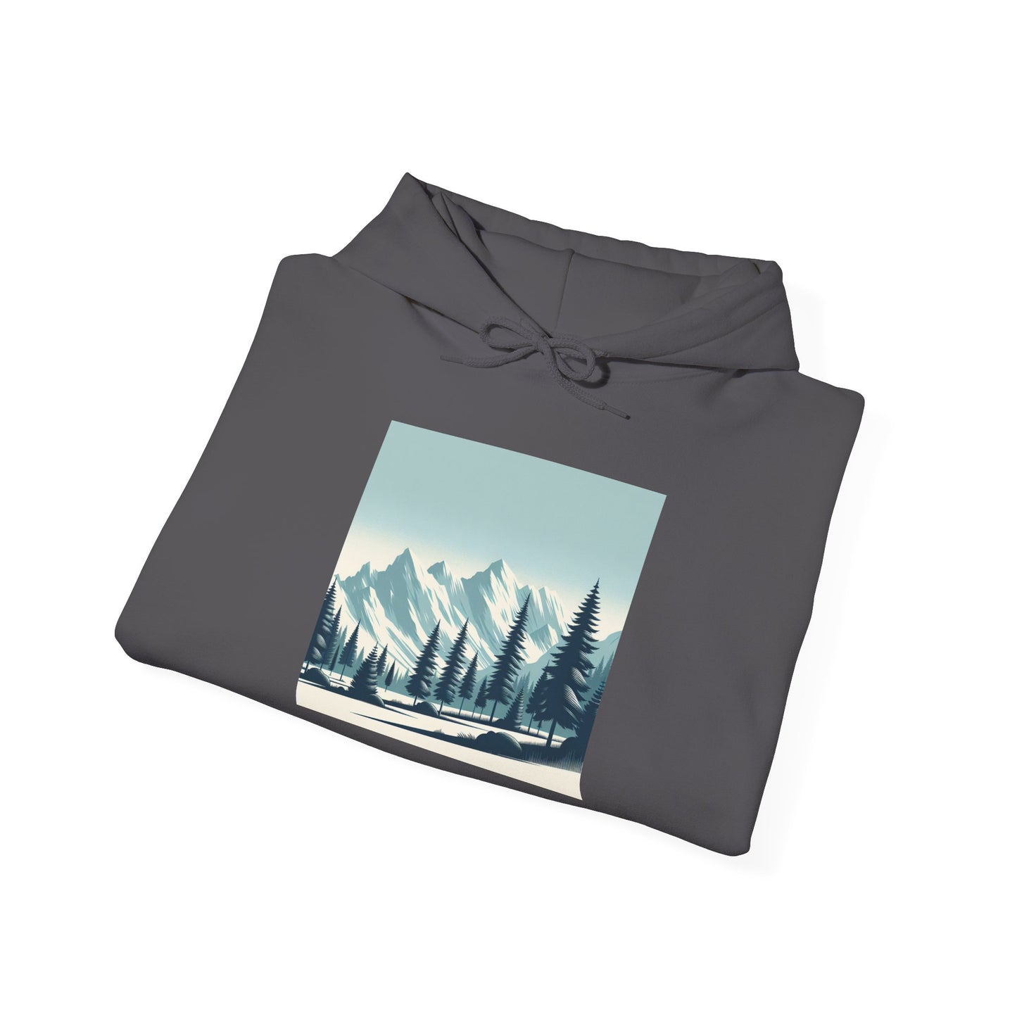 Summit Serenity Hoodie - Unisex Heavy Blend™ Sweatshirt with Pine Trees & Snowy Peaks Design | Wear the Wilderness