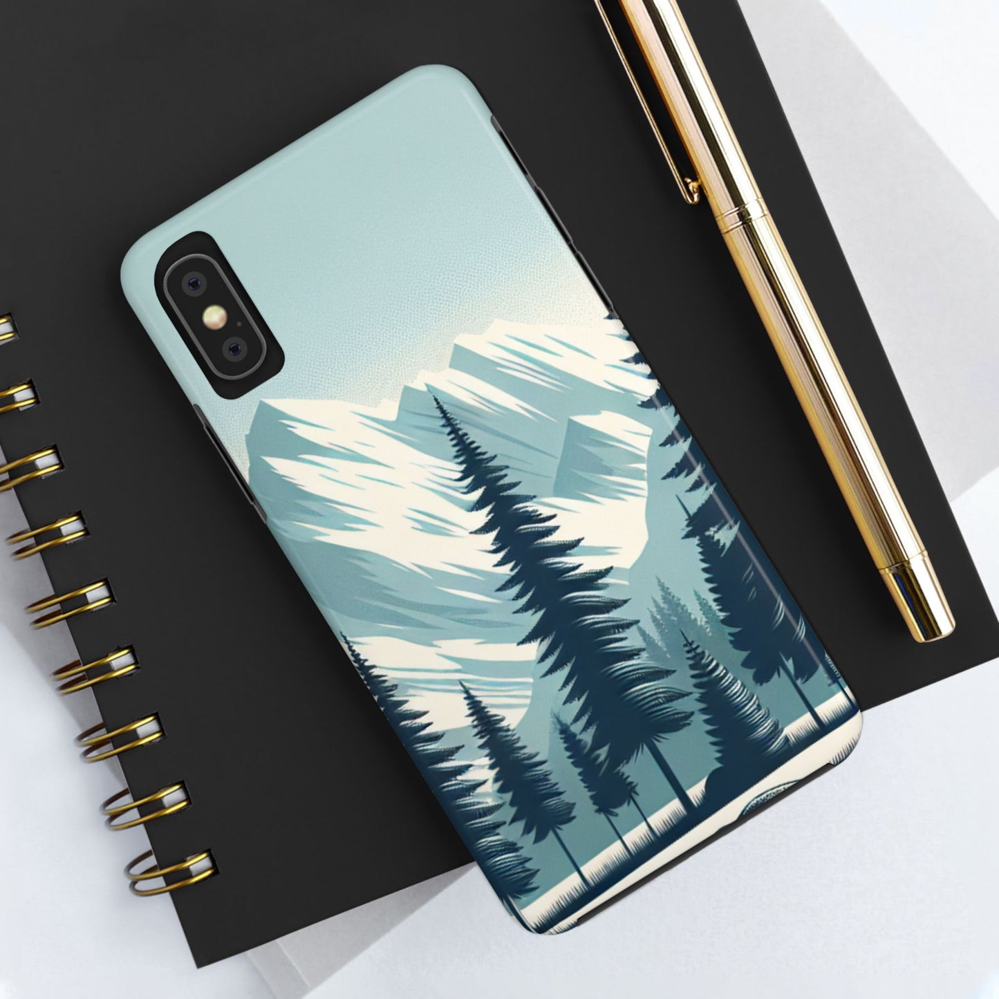 Adventure Awaits Tough Phone Case – Snowy Mountain Tops & Pine Tree Design