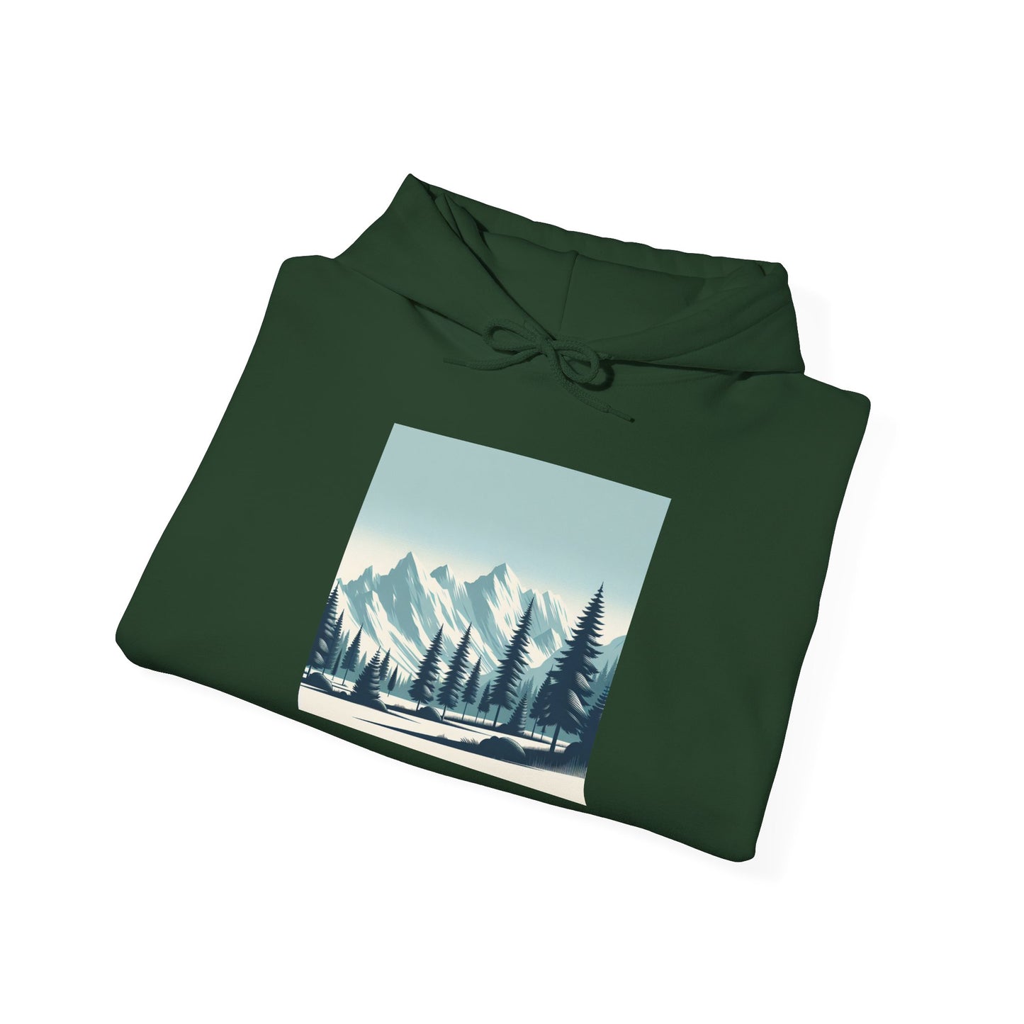 Summit Serenity Hoodie - Unisex Heavy Blend™ Sweatshirt with Pine Trees & Snowy Peaks Design | Wear the Wilderness