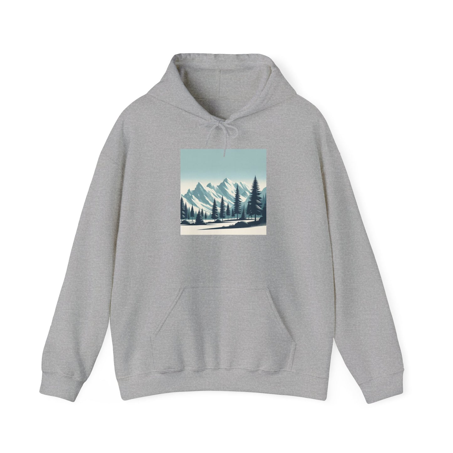 Summit Serenity Hoodie - Unisex Heavy Blend™ Sweatshirt with Pine Trees & Snowy Peaks Design | Wear the Wilderness