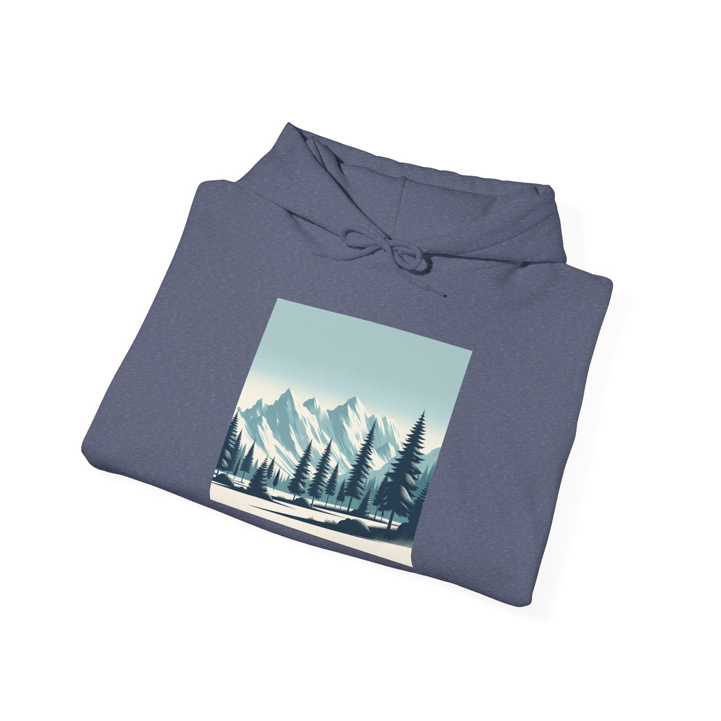Summit Serenity Hoodie - Unisex Heavy Blend™ Sweatshirt with Pine Trees & Snowy Peaks Design | Wear the Wilderness