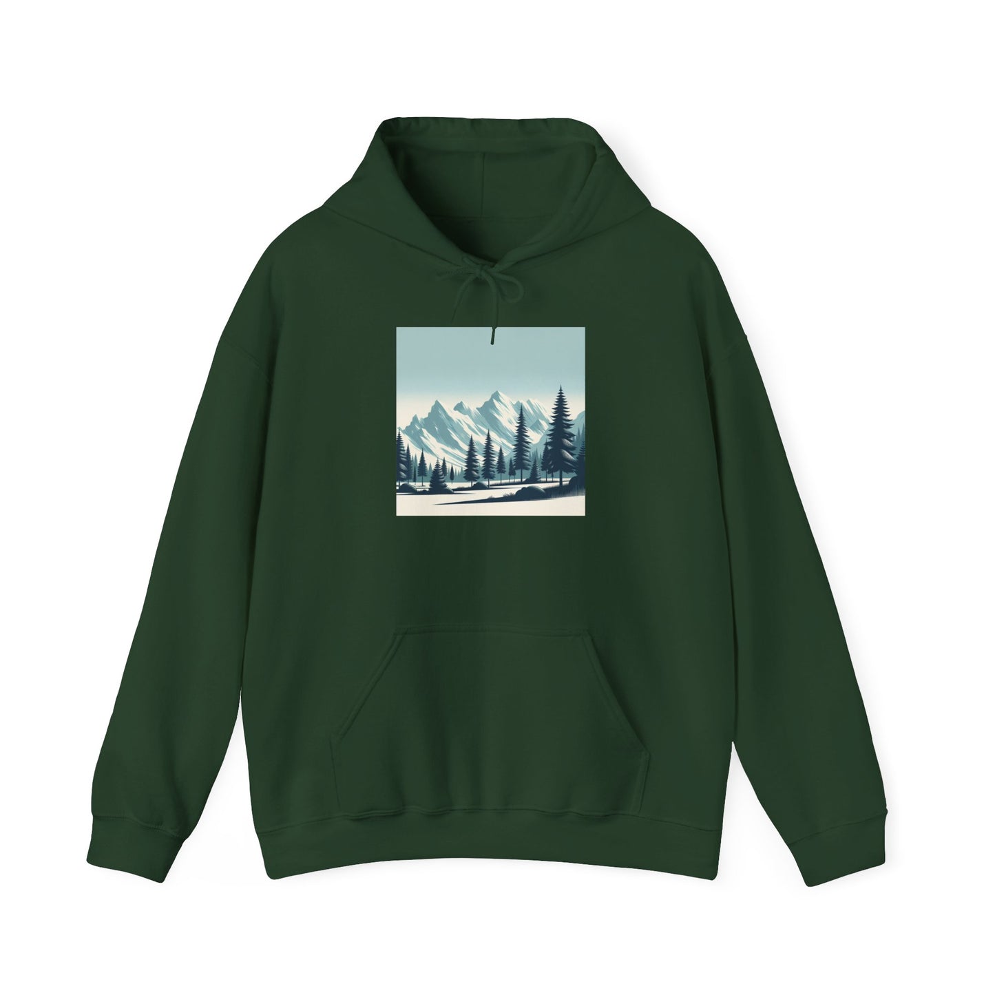 Summit Serenity Hoodie - Unisex Heavy Blend™ Sweatshirt with Pine Trees & Snowy Peaks Design | Wear the Wilderness