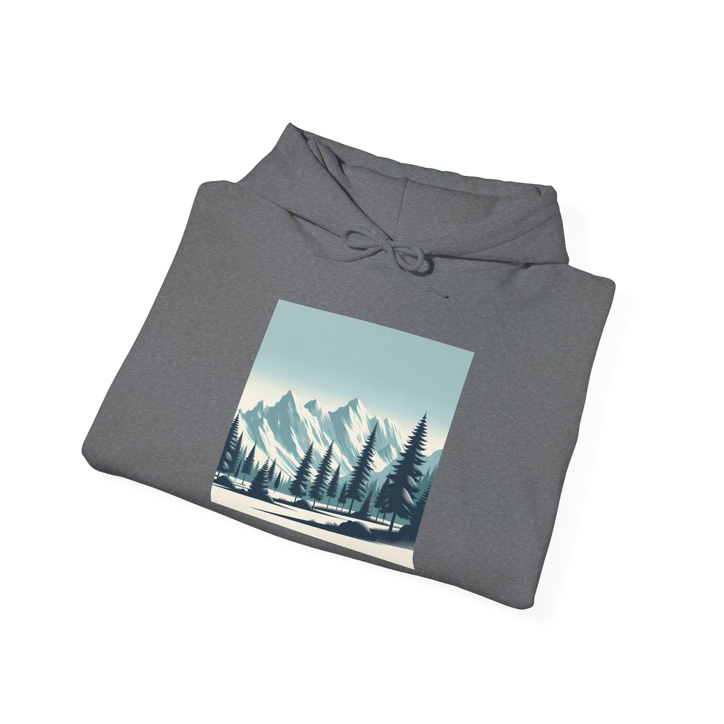 Summit Serenity Hoodie - Unisex Heavy Blend™ Sweatshirt with Pine Trees & Snowy Peaks Design | Wear the Wilderness