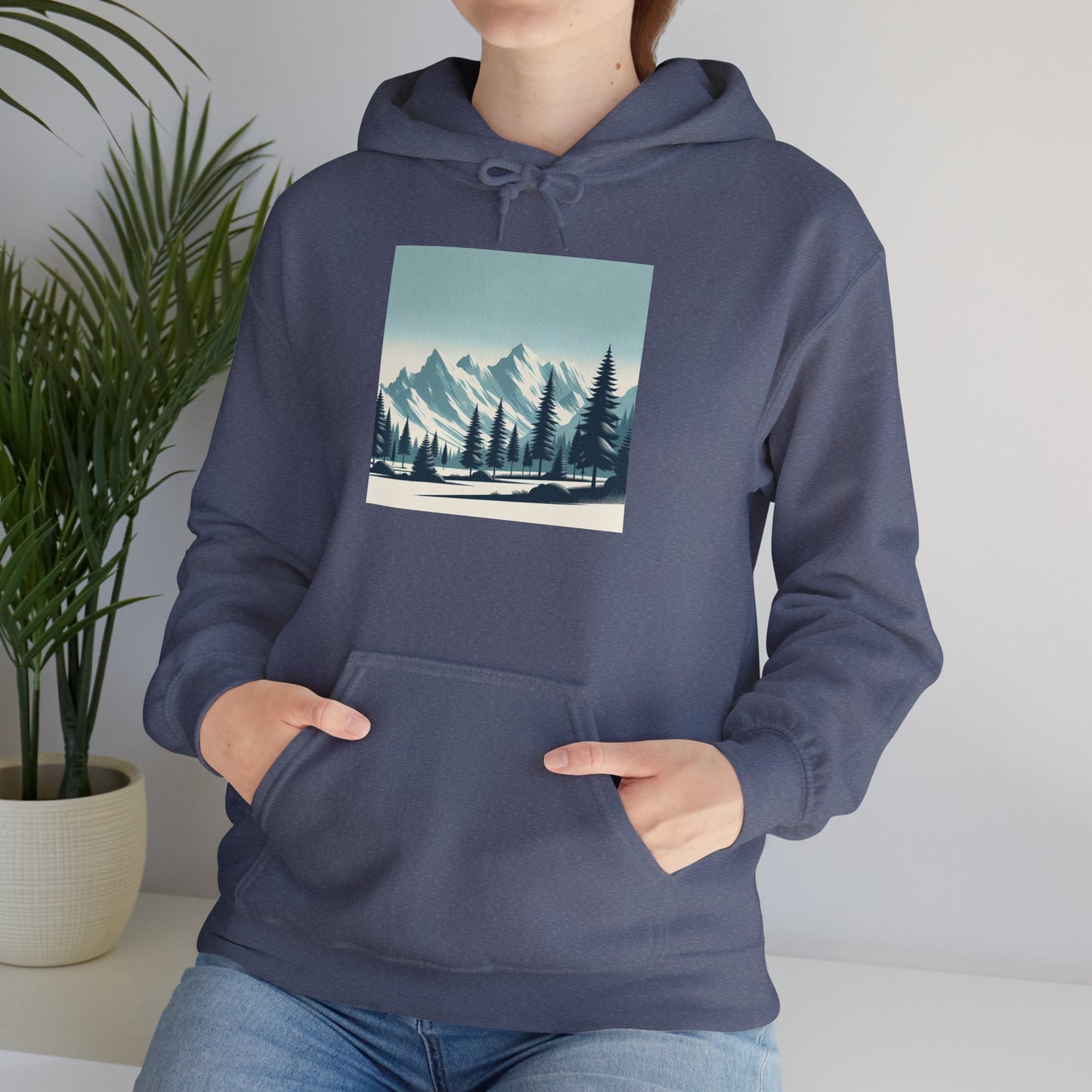 Summit Serenity Hoodie - Unisex Heavy Blend™ Sweatshirt with Pine Trees & Snowy Peaks Design | Wear the Wilderness