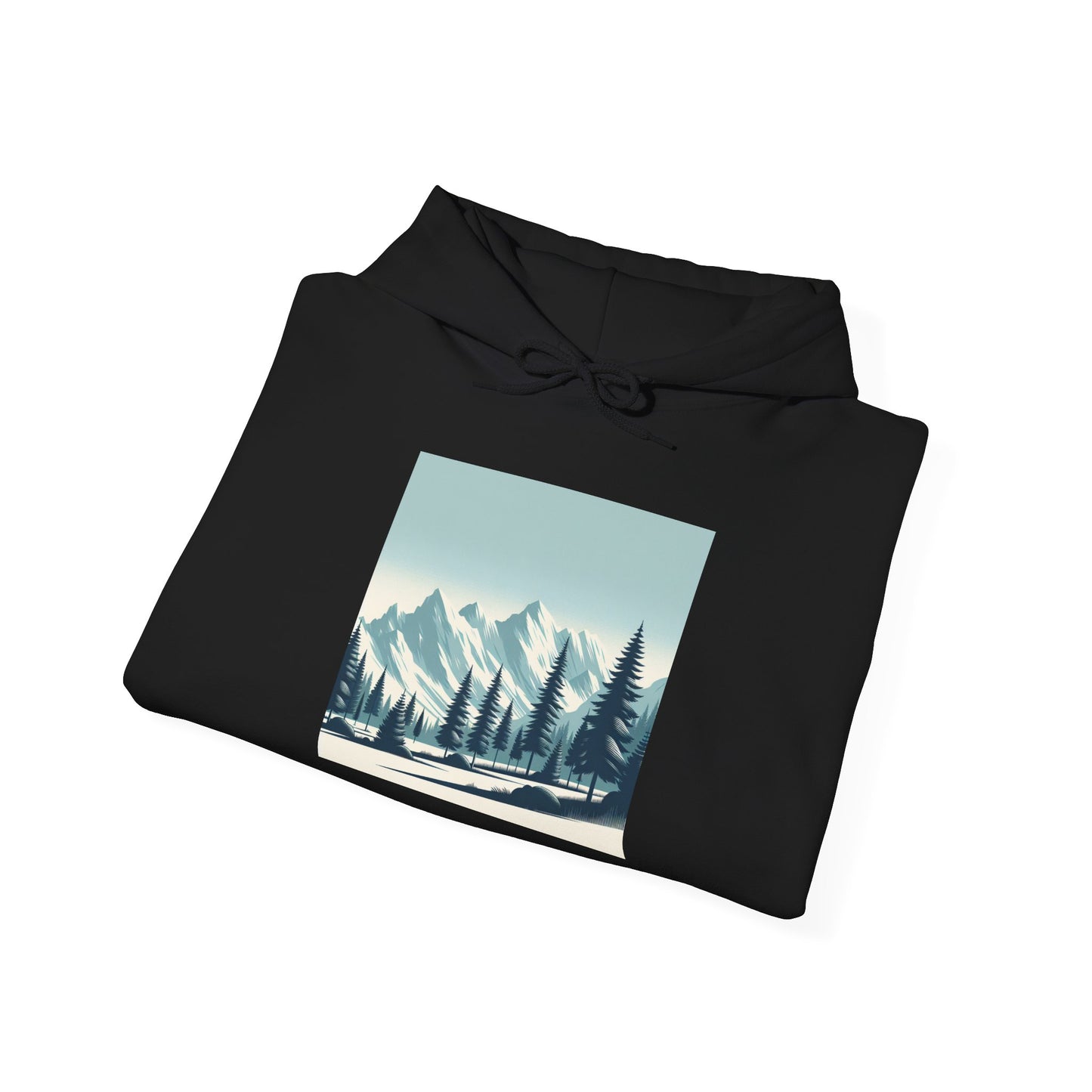 Summit Serenity Hoodie - Unisex Heavy Blend™ Sweatshirt with Pine Trees & Snowy Peaks Design | Wear the Wilderness