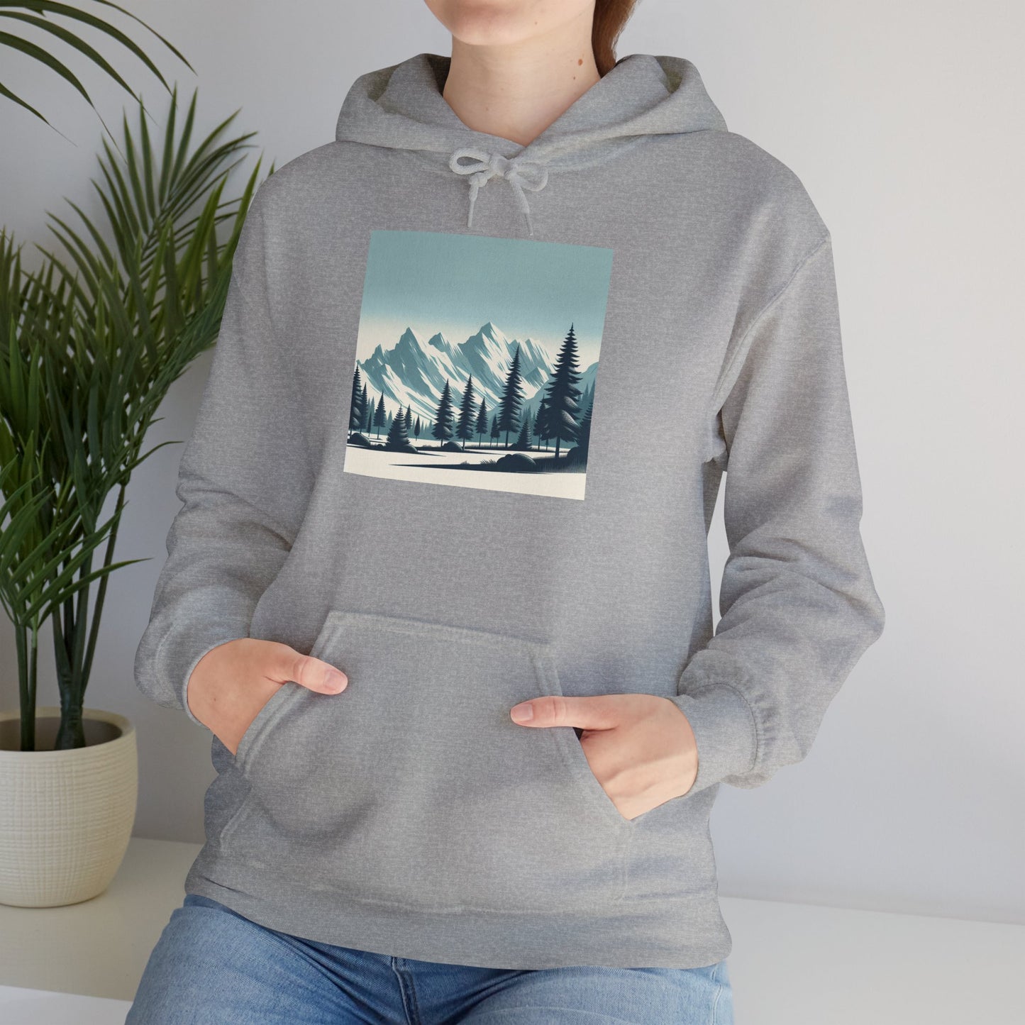 Summit Serenity Hoodie - Unisex Heavy Blend™ Sweatshirt with Pine Trees & Snowy Peaks Design | Wear the Wilderness