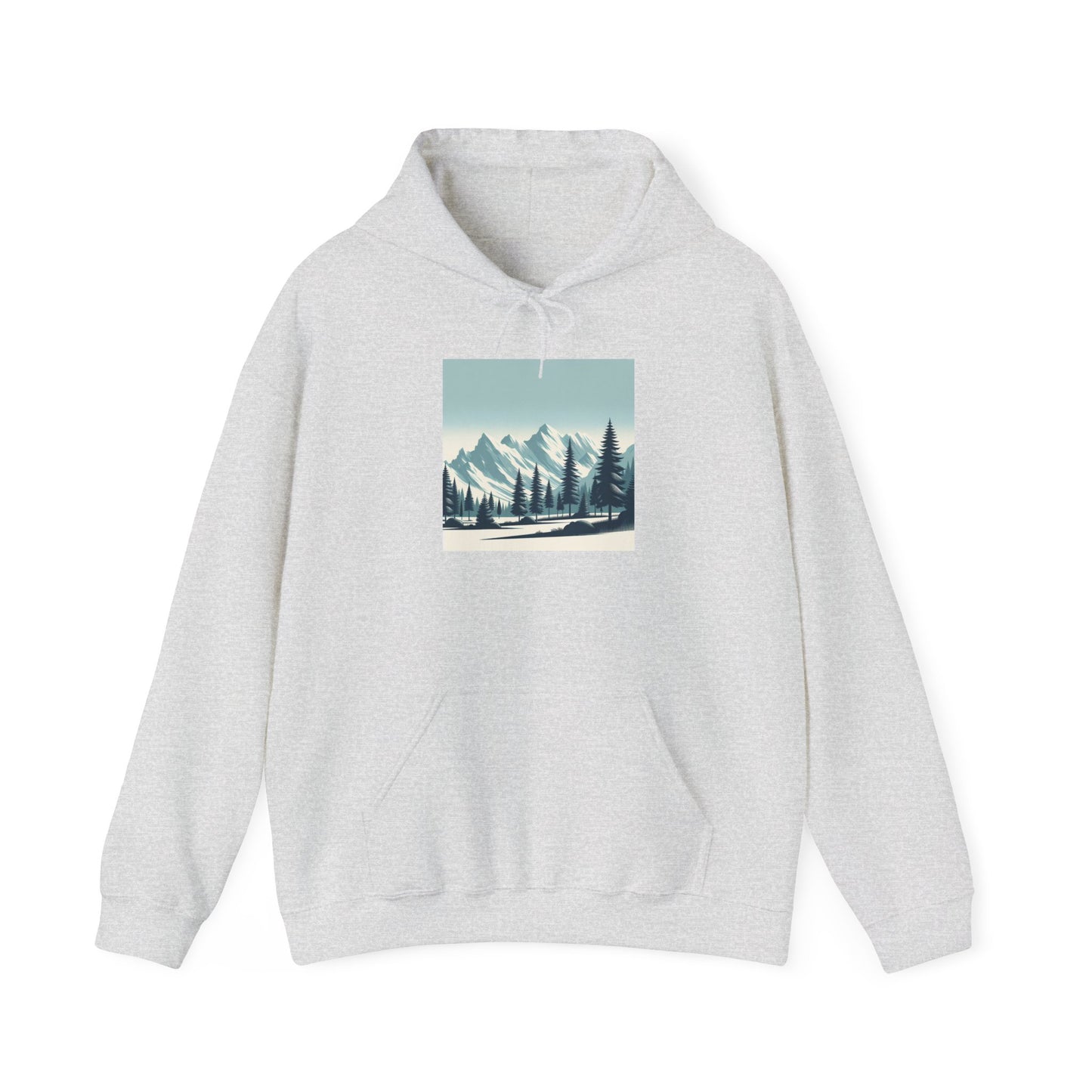 Summit Serenity Hoodie - Unisex Heavy Blend™ Sweatshirt with Pine Trees & Snowy Peaks Design | Wear the Wilderness