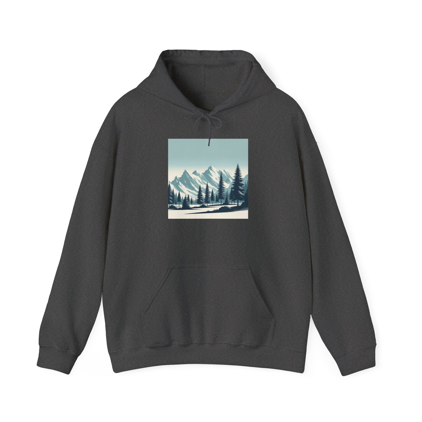 Summit Serenity Hoodie - Unisex Heavy Blend™ Sweatshirt with Pine Trees & Snowy Peaks Design | Wear the Wilderness