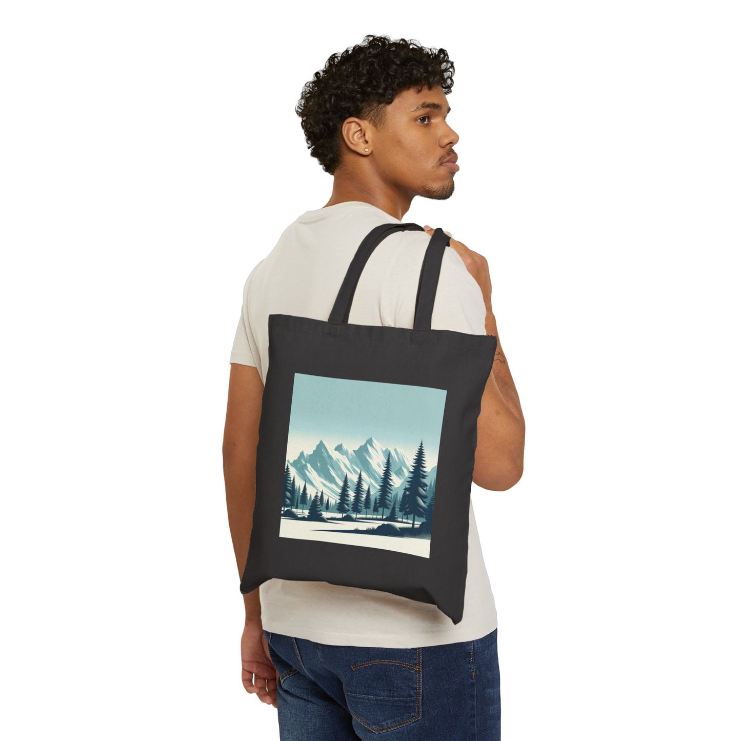 Adventure Awaits Cotton Canvas Tote Bag – Snowy Mountain Tops & Pine Tree Design