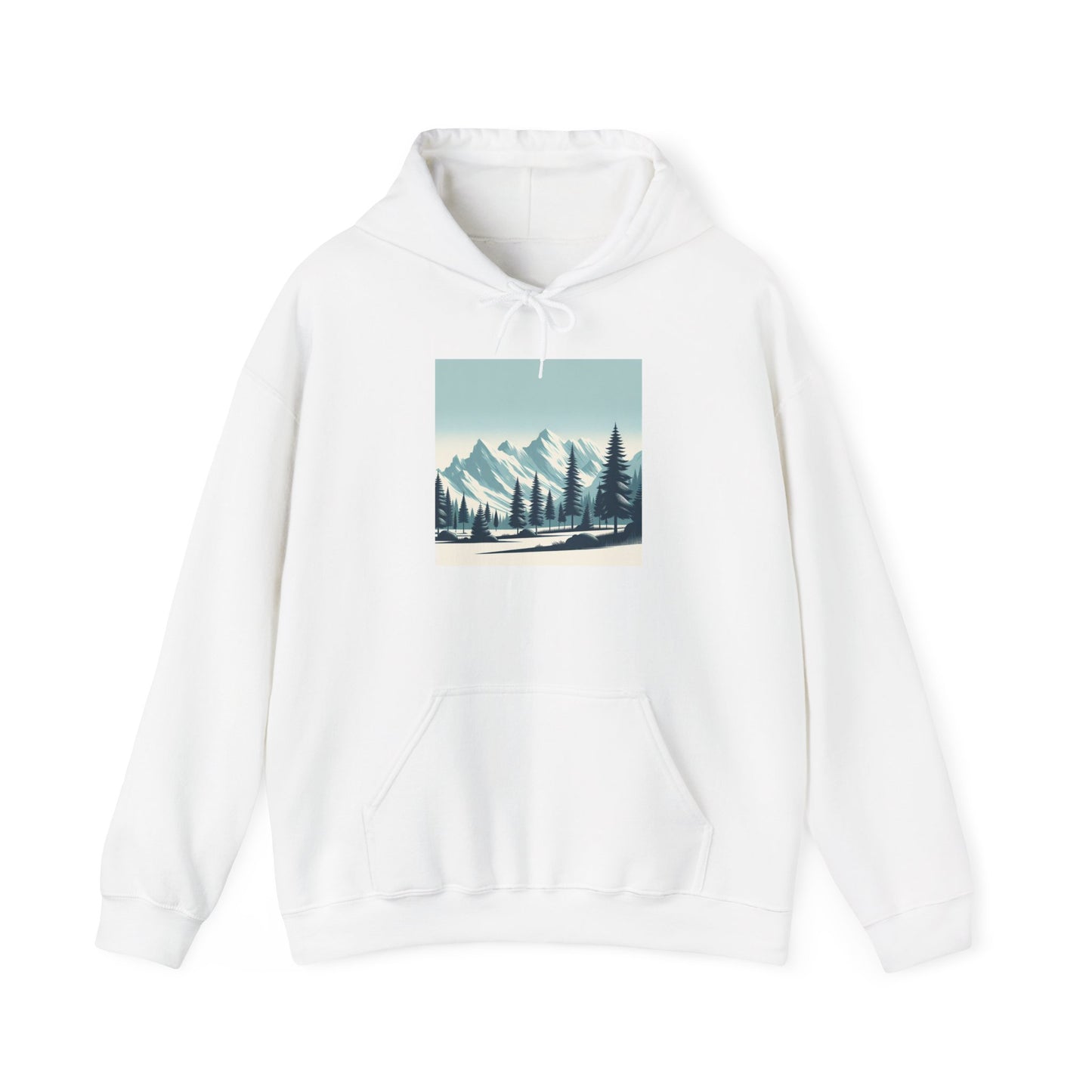 Summit Serenity Hoodie - Unisex Heavy Blend™ Sweatshirt with Pine Trees & Snowy Peaks Design | Wear the Wilderness