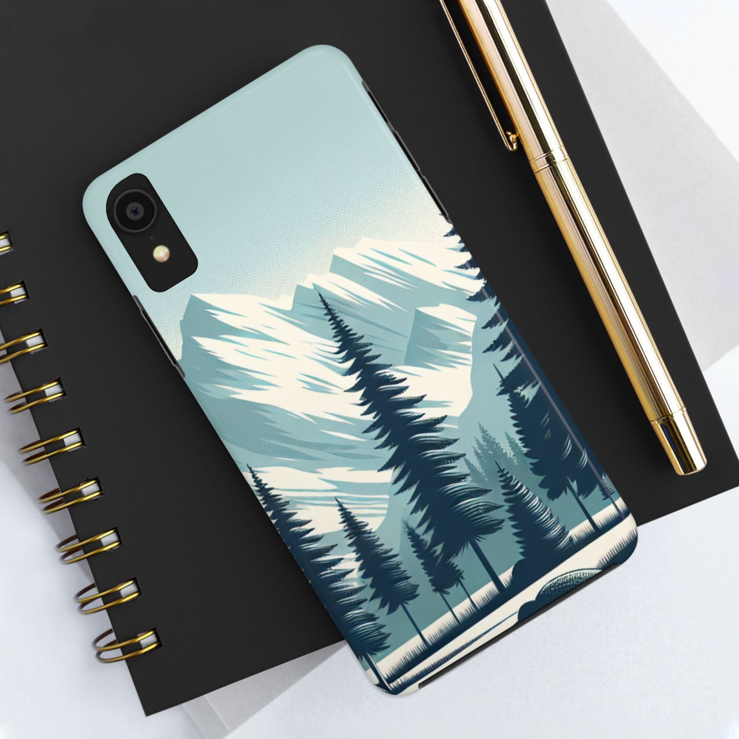 Adventure Awaits Tough Phone Case – Snowy Mountain Tops & Pine Tree Design