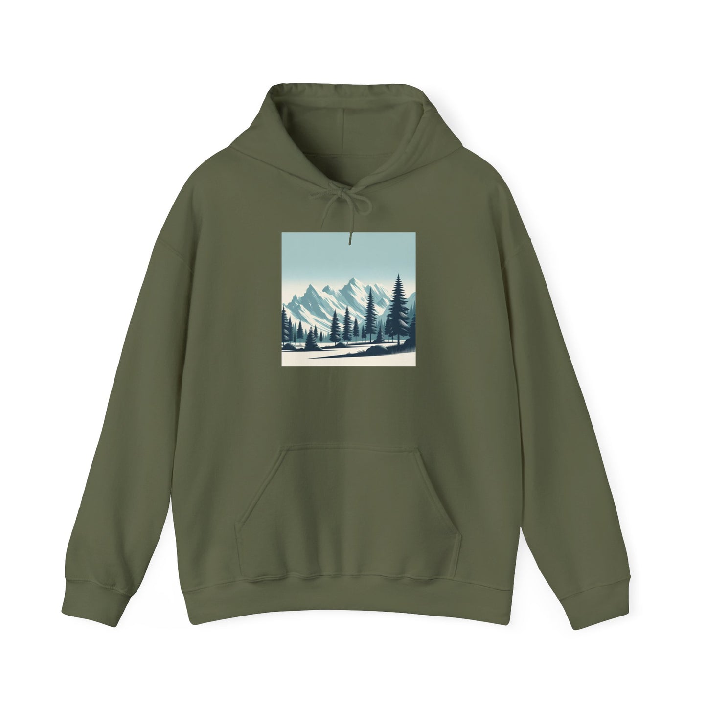 Summit Serenity Hoodie - Unisex Heavy Blend™ Sweatshirt with Pine Trees & Snowy Peaks Design | Wear the Wilderness