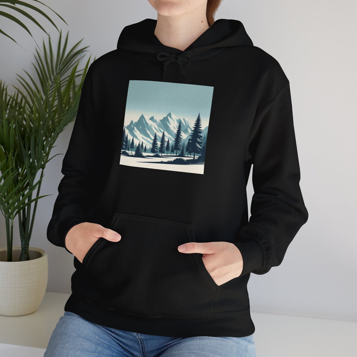 Summit Serenity Hoodie - Unisex Heavy Blend™ Sweatshirt with Pine Trees & Snowy Peaks Design | Wear the Wilderness