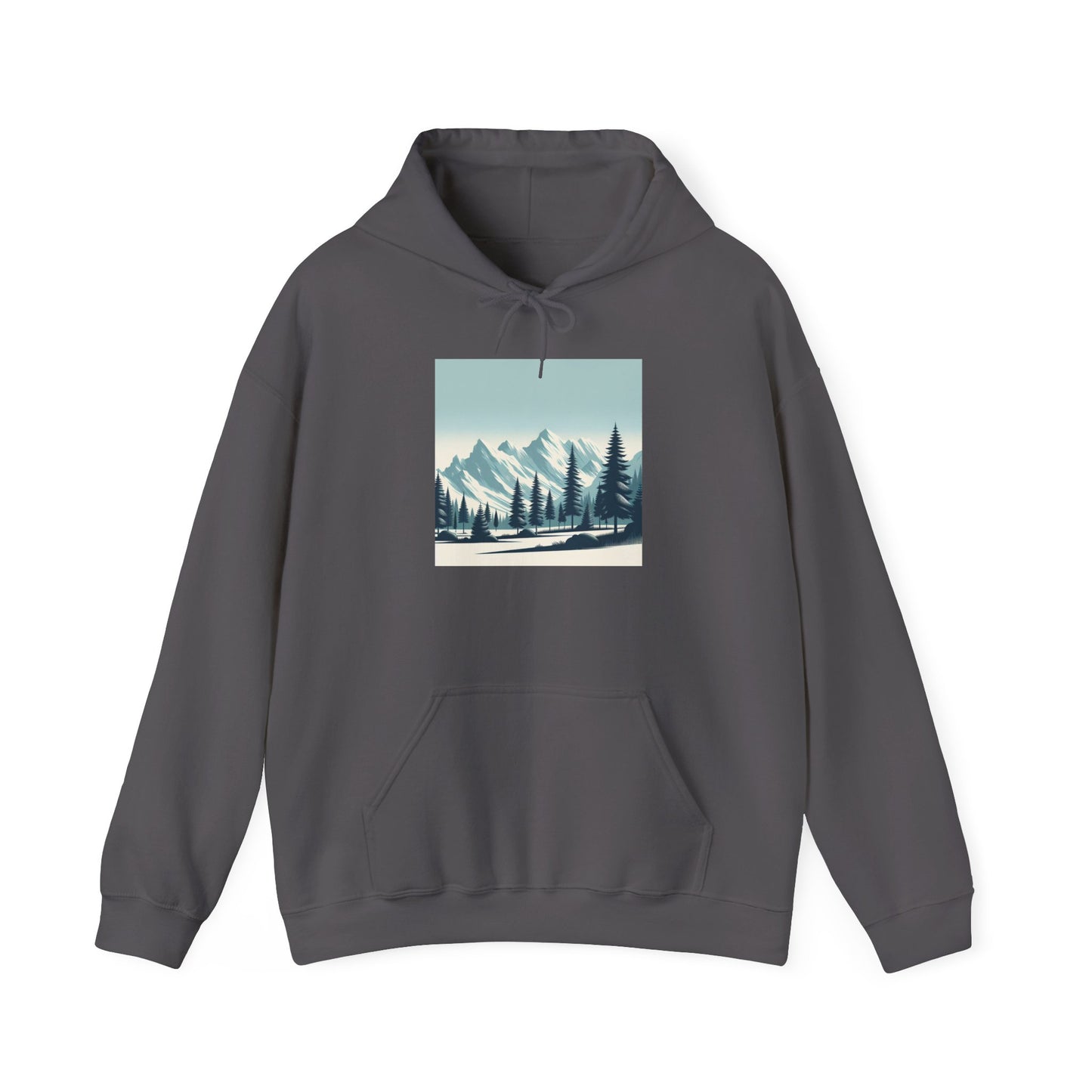 Summit Serenity Hoodie - Unisex Heavy Blend™ Sweatshirt with Pine Trees & Snowy Peaks Design | Wear the Wilderness