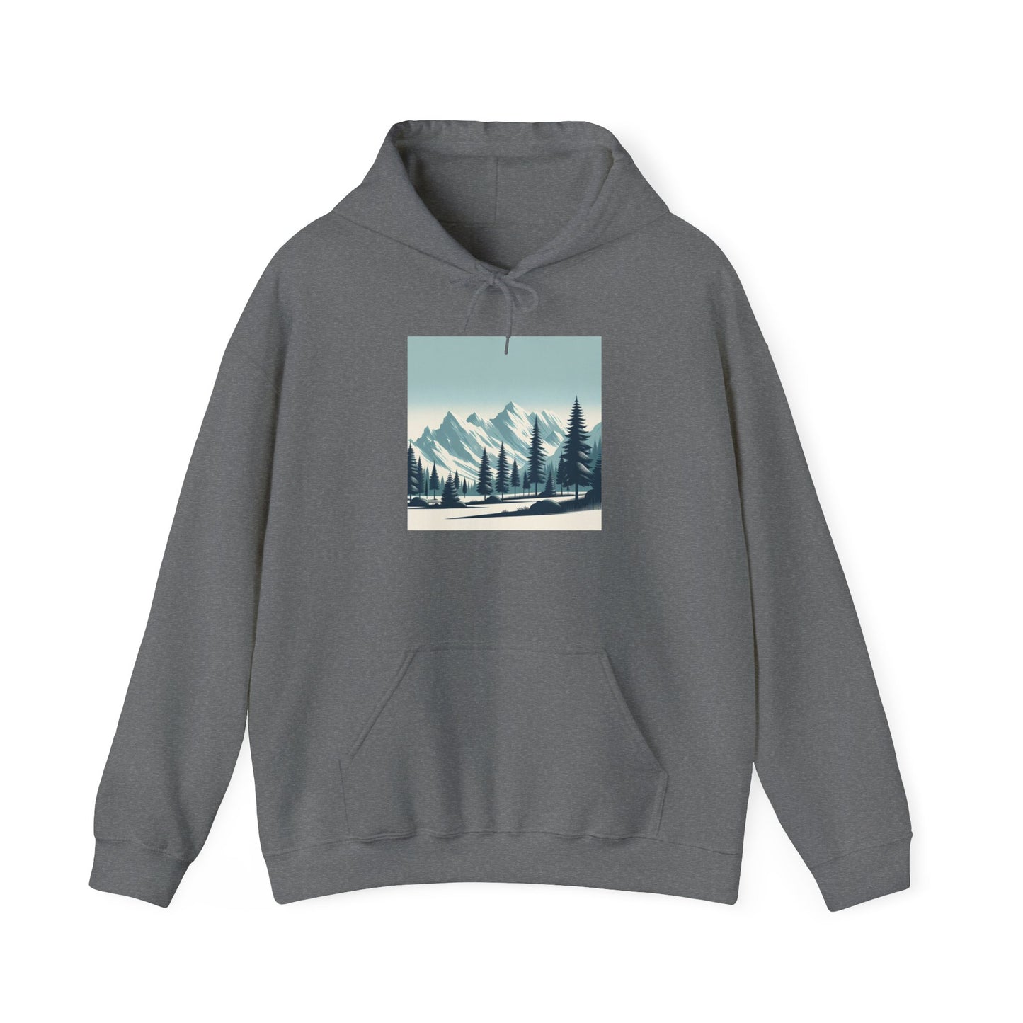 Summit Serenity Hoodie - Unisex Heavy Blend™ Sweatshirt with Pine Trees & Snowy Peaks Design | Wear the Wilderness