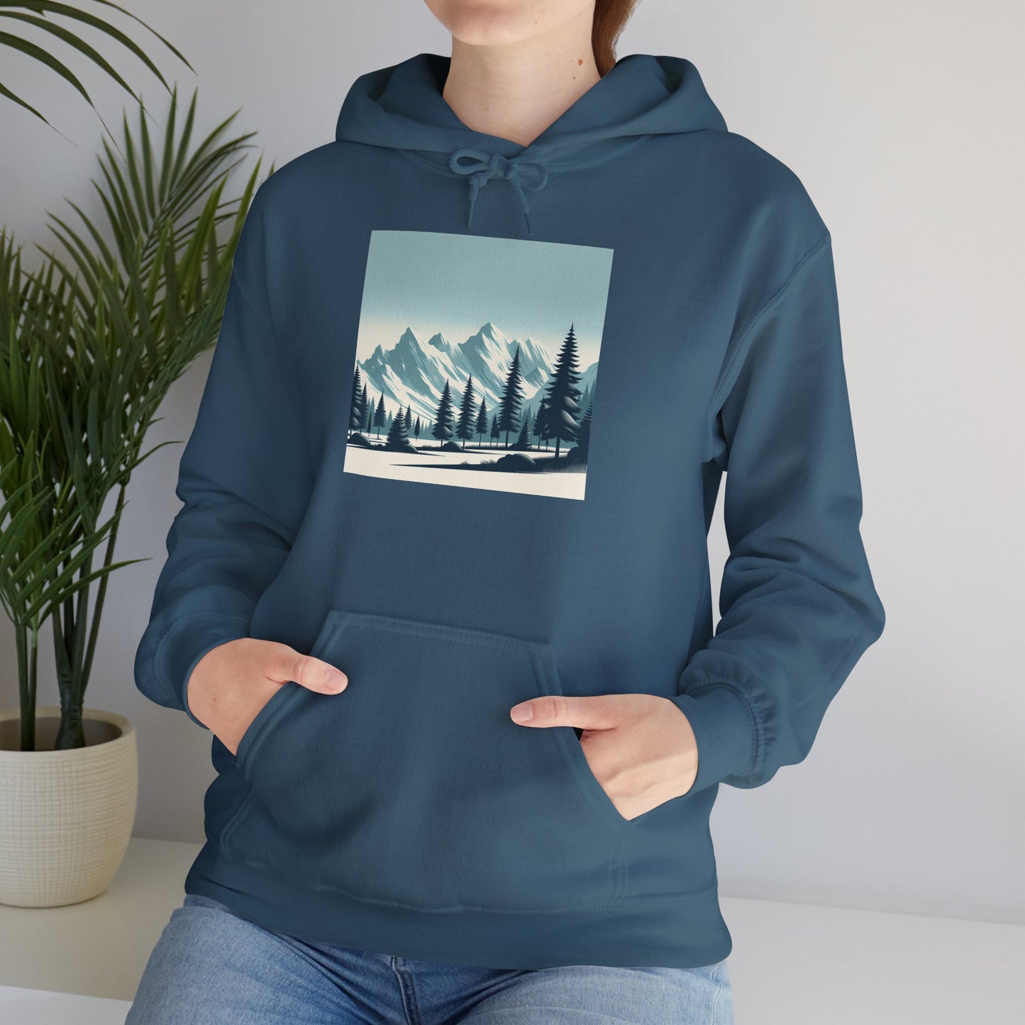 Summit Serenity Hoodie - Unisex Heavy Blend™ Sweatshirt with Pine Trees & Snowy Peaks Design | Wear the Wilderness