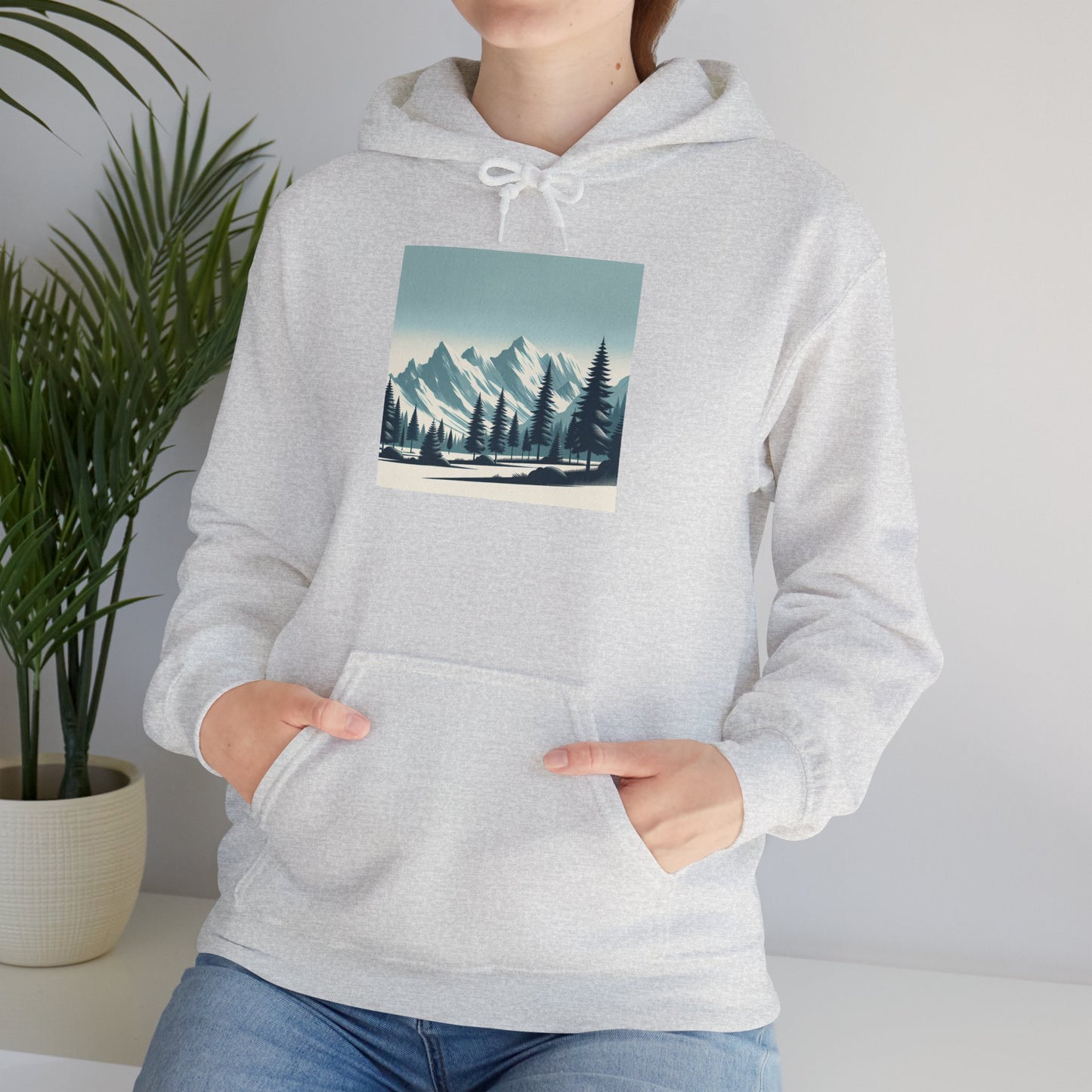 Summit Serenity Hoodie - Unisex Heavy Blend™ Sweatshirt with Pine Trees & Snowy Peaks Design | Wear the Wilderness