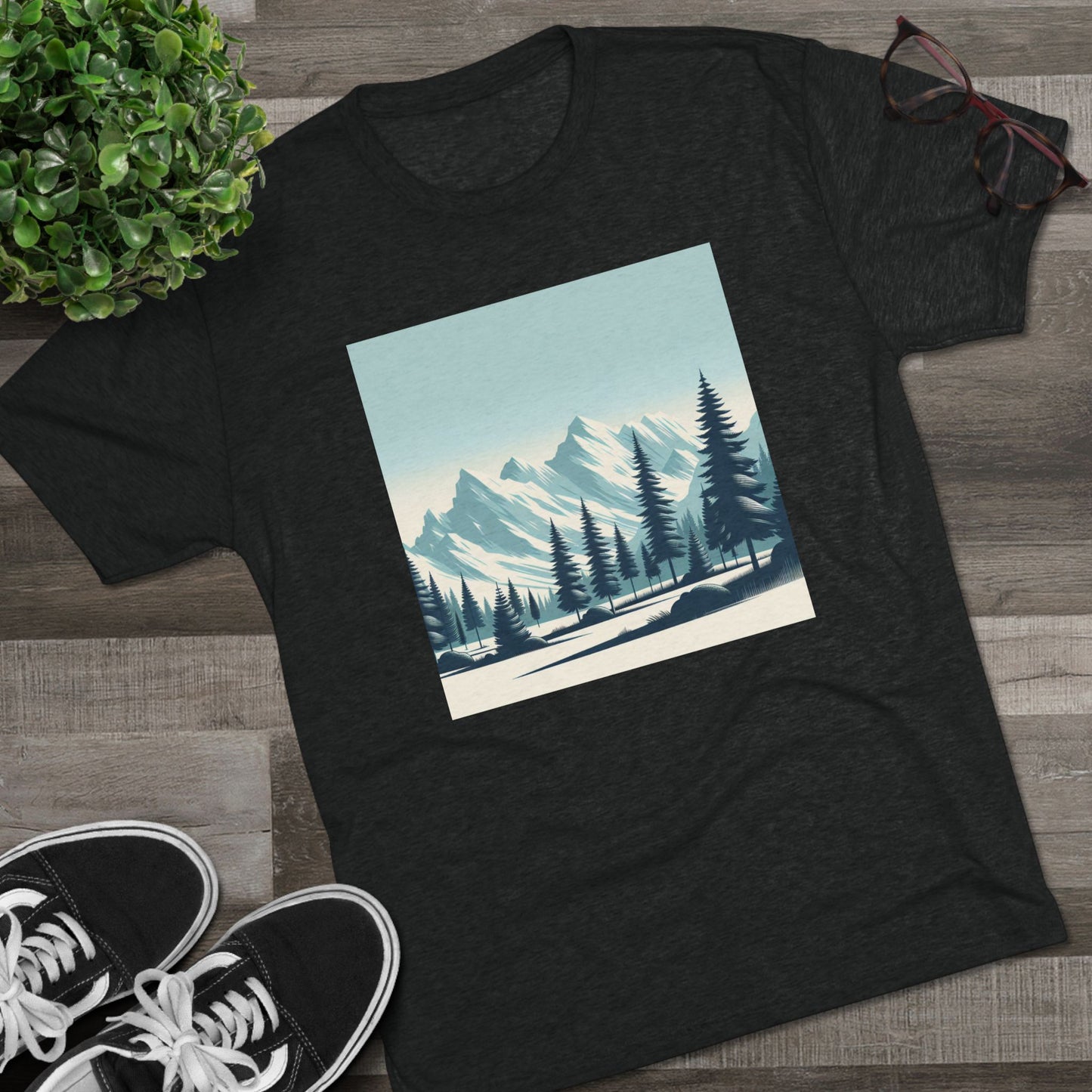 Adventure Awaits Unisex Tri-Blend Crew Tee – Snowy Mountain Tops & Pine Tree Design