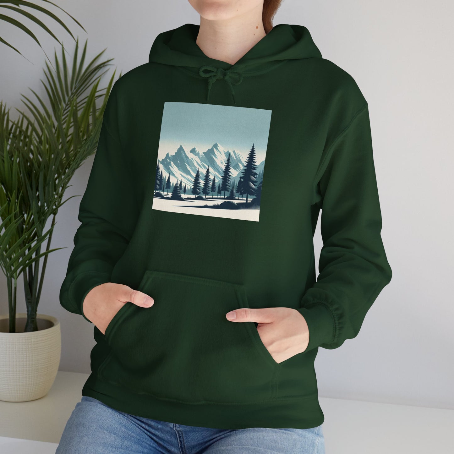 Summit Serenity Hoodie - Unisex Heavy Blend™ Sweatshirt with Pine Trees & Snowy Peaks Design | Wear the Wilderness