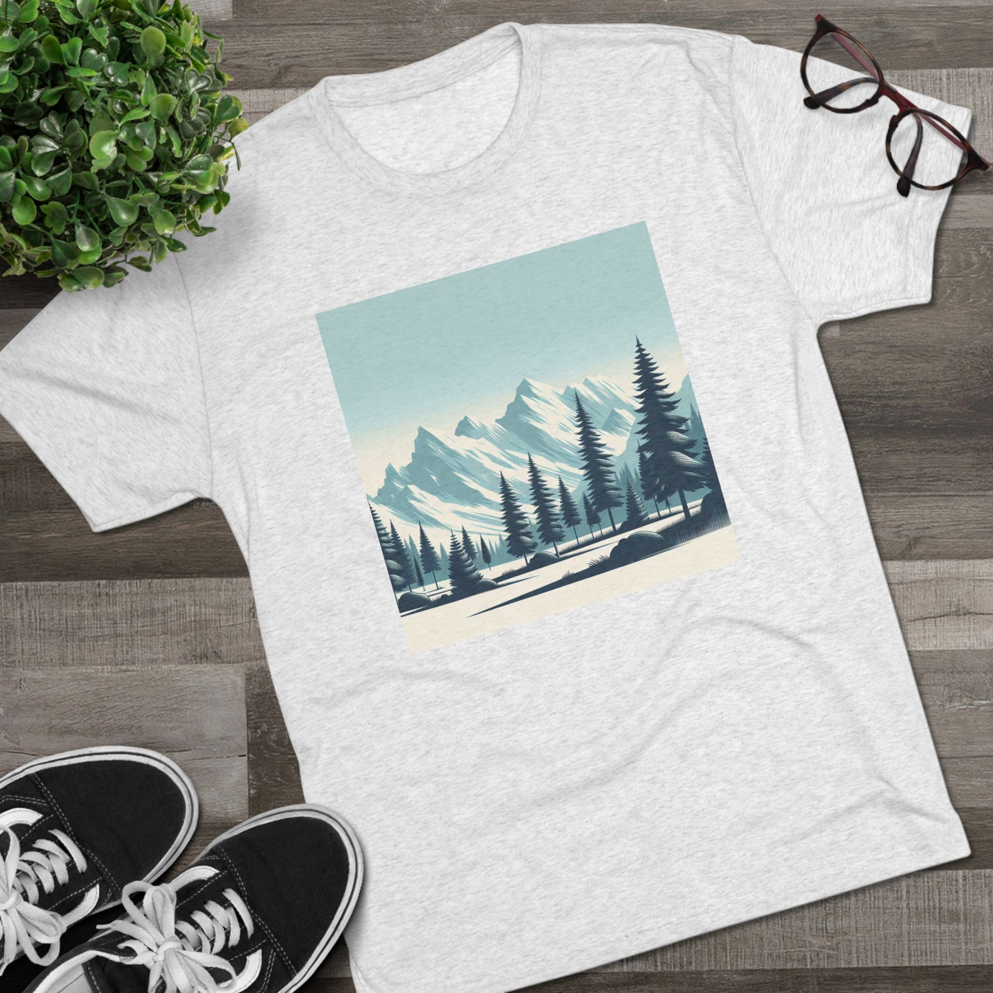Adventure Awaits Unisex Tri-Blend Crew Tee – Snowy Mountain Tops & Pine Tree Design