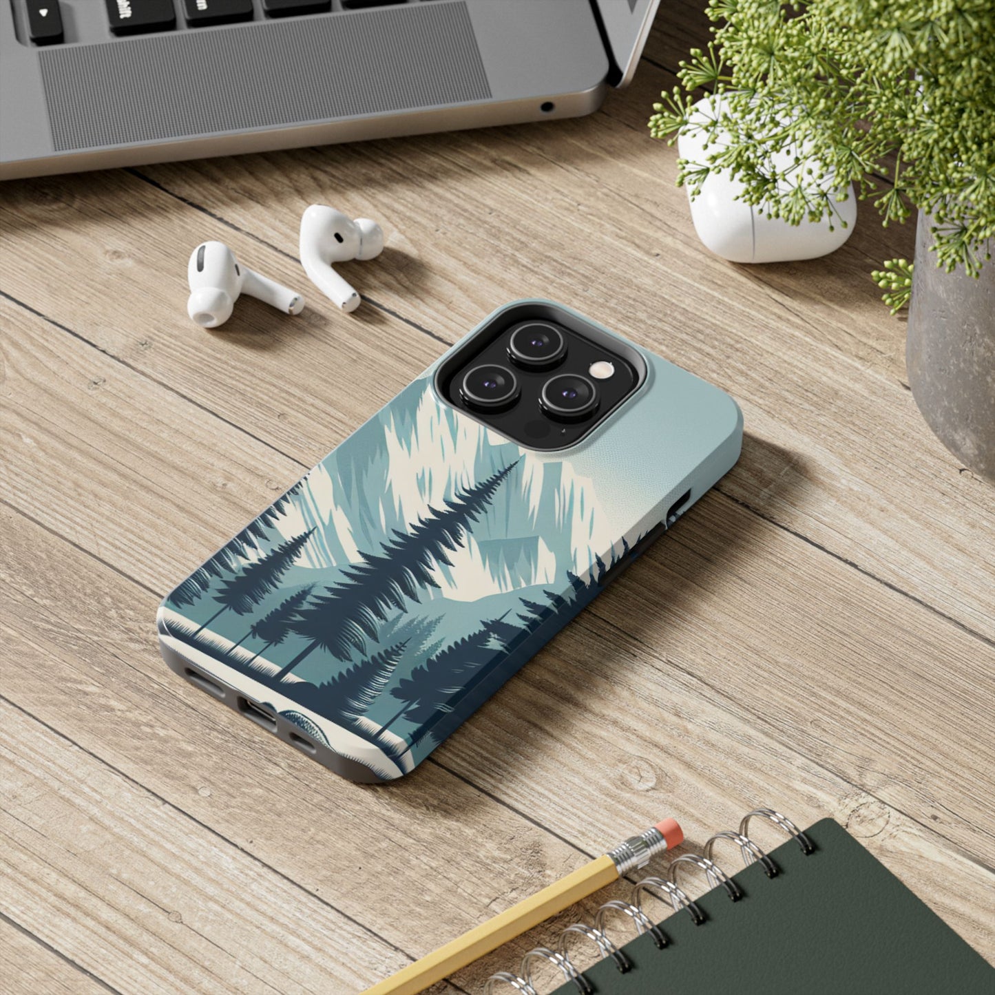 Adventure Awaits Tough Phone Case – Snowy Mountain Tops & Pine Tree Design