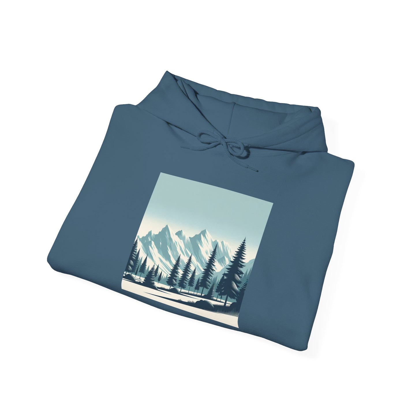 Summit Serenity Hoodie - Unisex Heavy Blend™ Sweatshirt with Pine Trees & Snowy Peaks Design | Wear the Wilderness