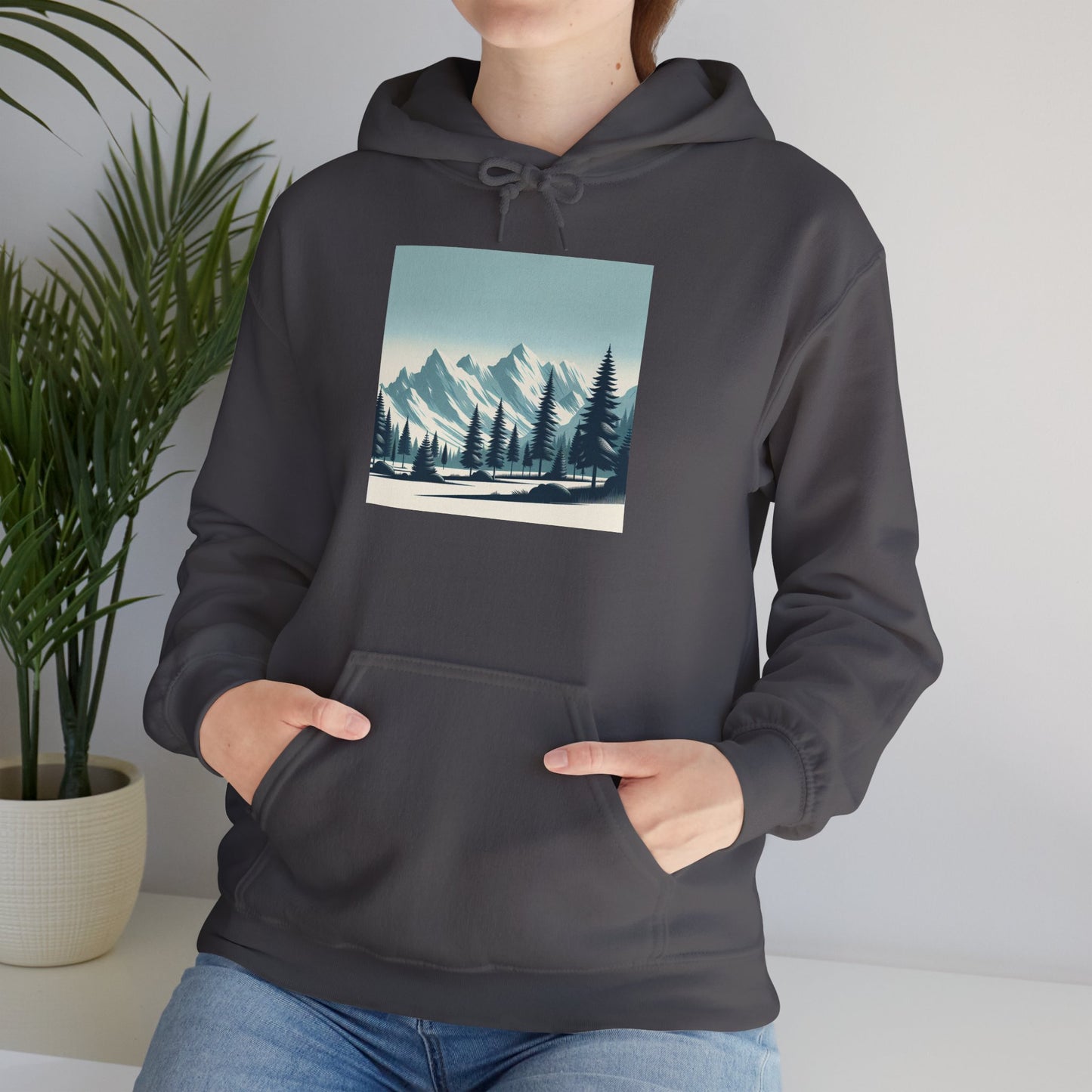 Summit Serenity Hoodie - Unisex Heavy Blend™ Sweatshirt with Pine Trees & Snowy Peaks Design | Wear the Wilderness