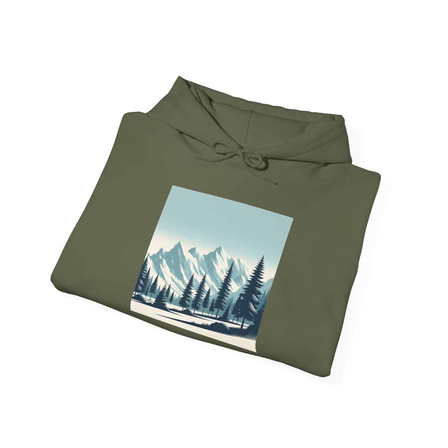 Summit Serenity Hoodie - Unisex Heavy Blend™ Sweatshirt with Pine Trees & Snowy Peaks Design | Wear the Wilderness