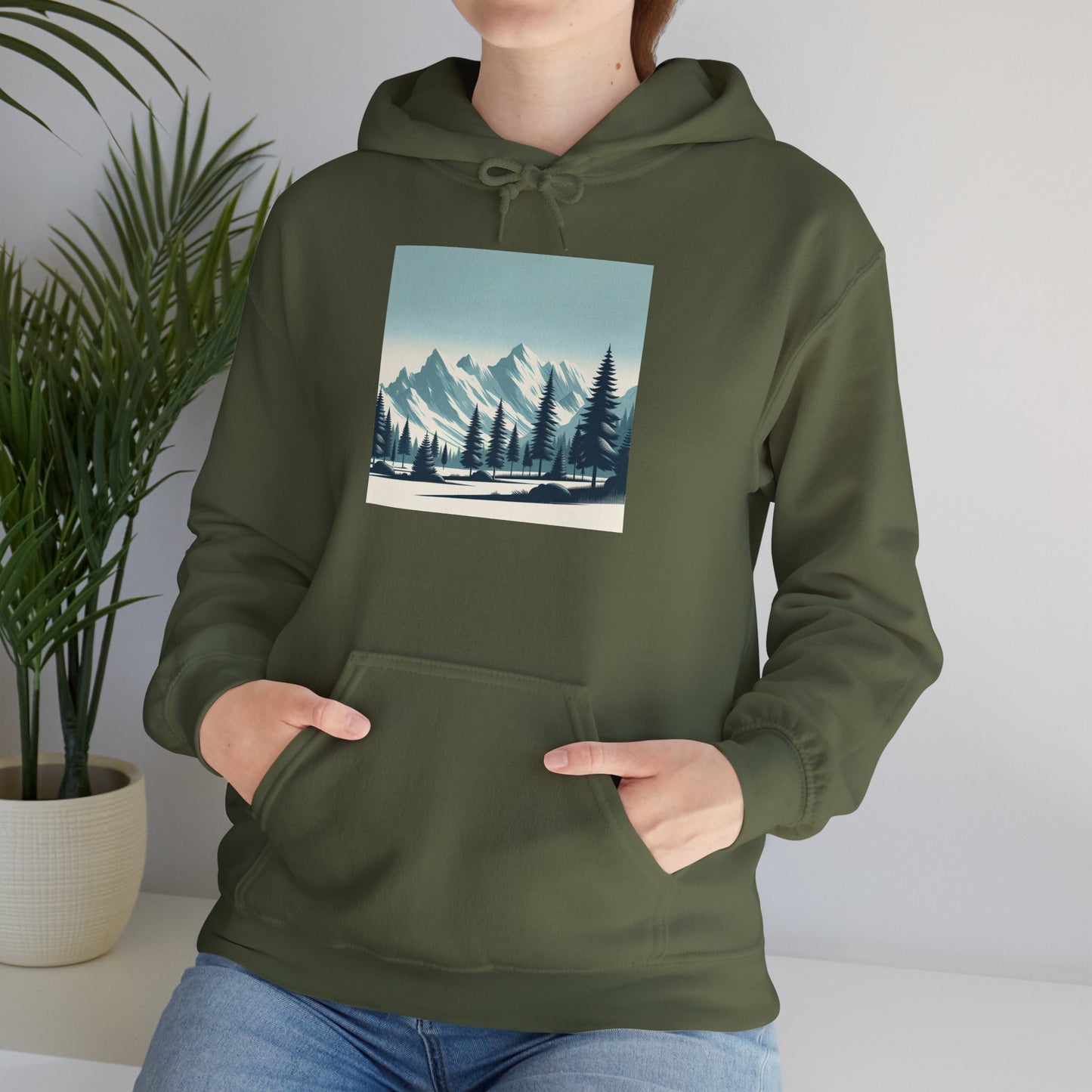 Summit Serenity Hoodie - Unisex Heavy Blend™ Sweatshirt with Pine Trees & Snowy Peaks Design | Wear the Wilderness