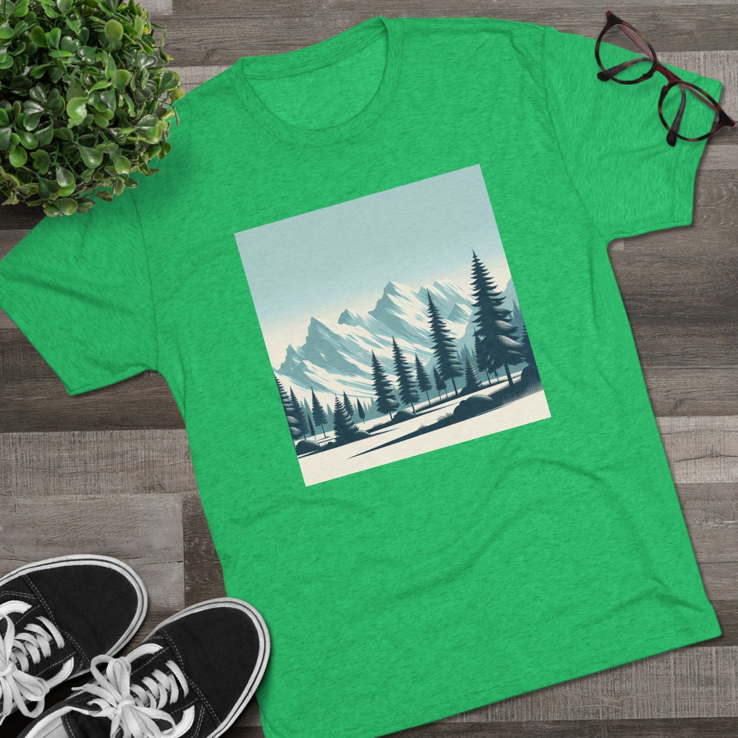 Adventure Awaits Unisex Tri-Blend Crew Tee – Snowy Mountain Tops & Pine Tree Design