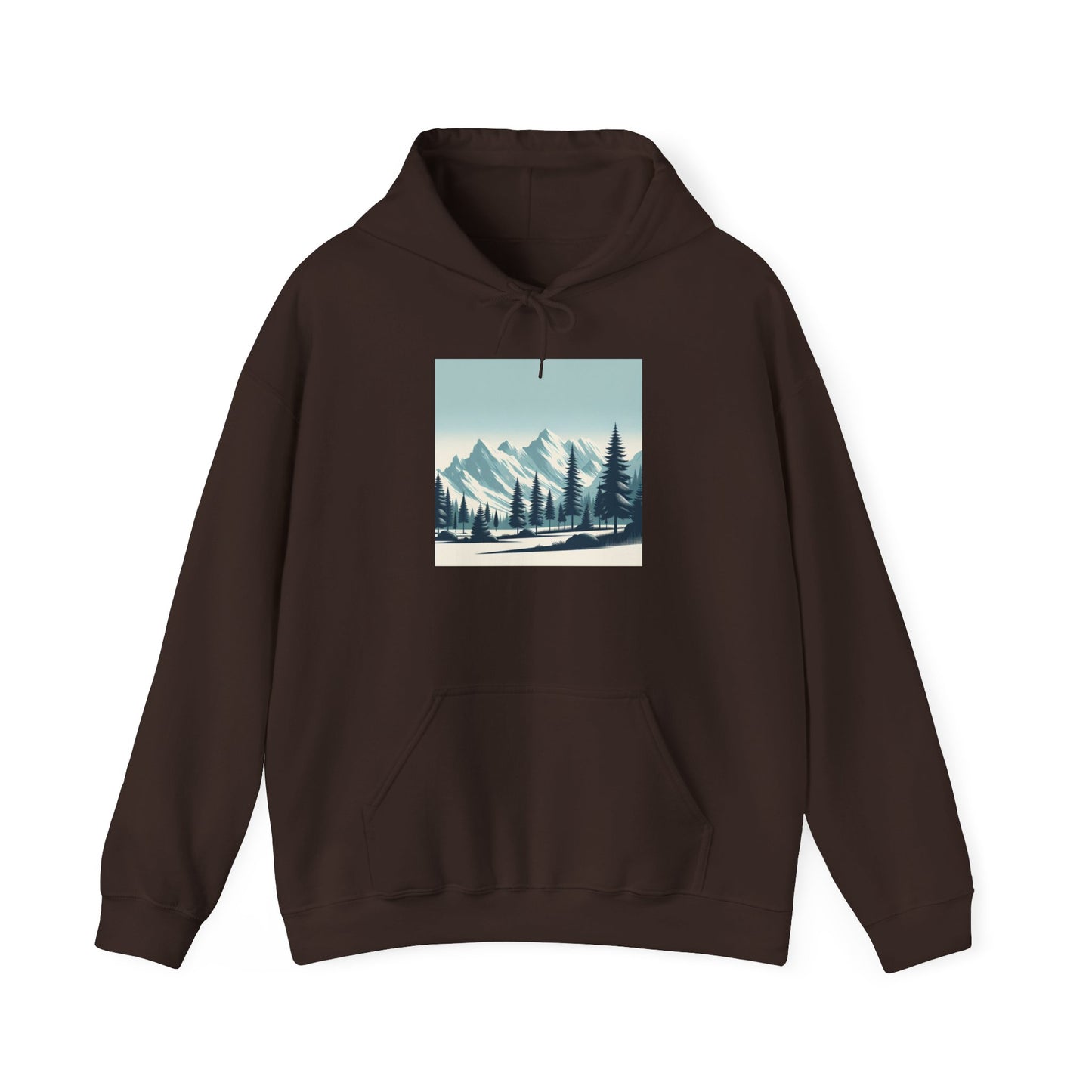 Summit Serenity Hoodie - Unisex Heavy Blend™ Sweatshirt with Pine Trees & Snowy Peaks Design | Wear the Wilderness
