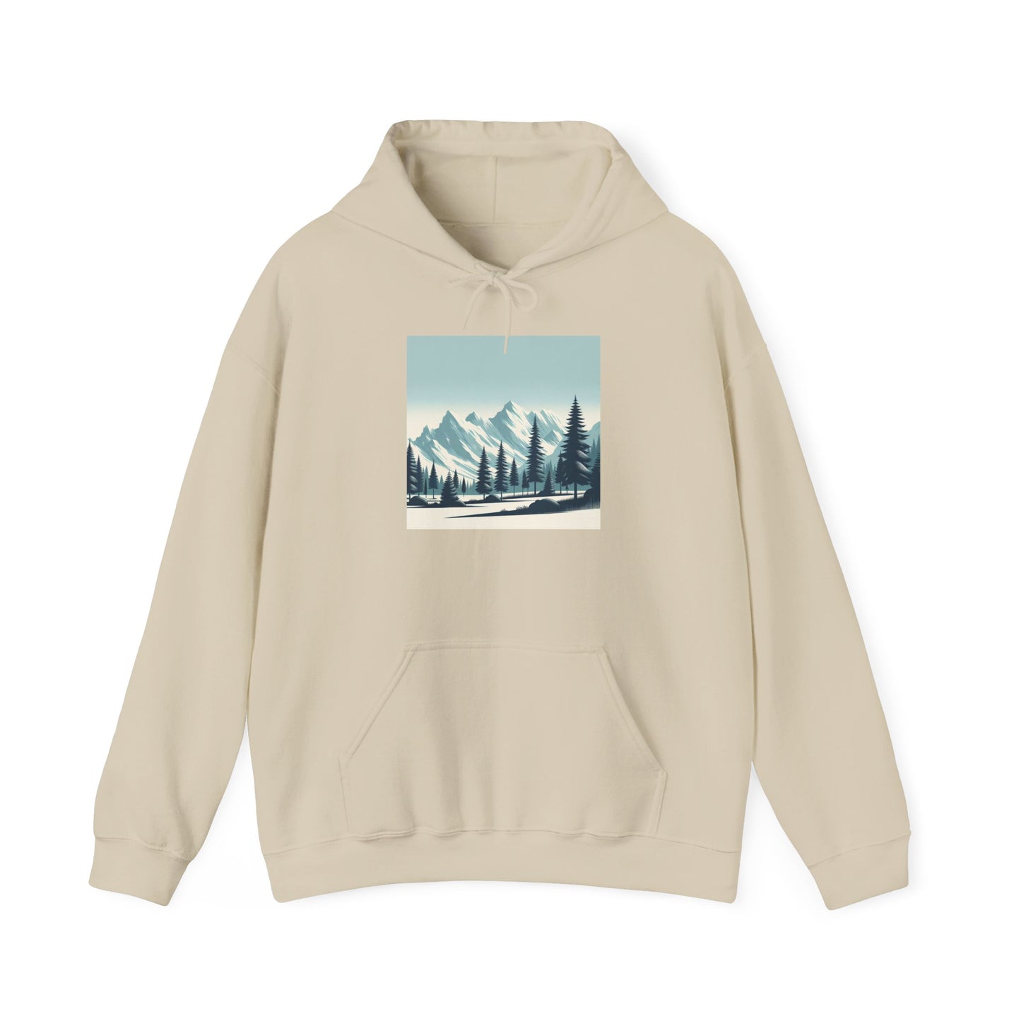 Summit Serenity Hoodie - Unisex Heavy Blend™ Sweatshirt with Pine Trees & Snowy Peaks Design | Wear the Wilderness