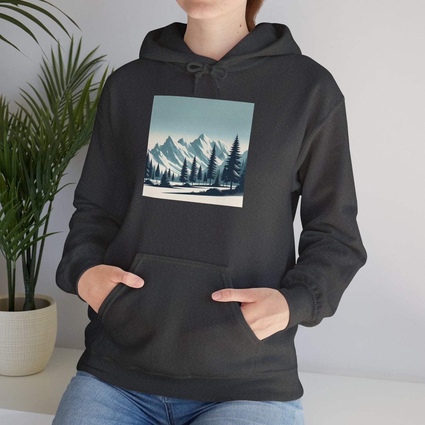 Summit Serenity Hoodie - Unisex Heavy Blend™ Sweatshirt with Pine Trees & Snowy Peaks Design | Wear the Wilderness