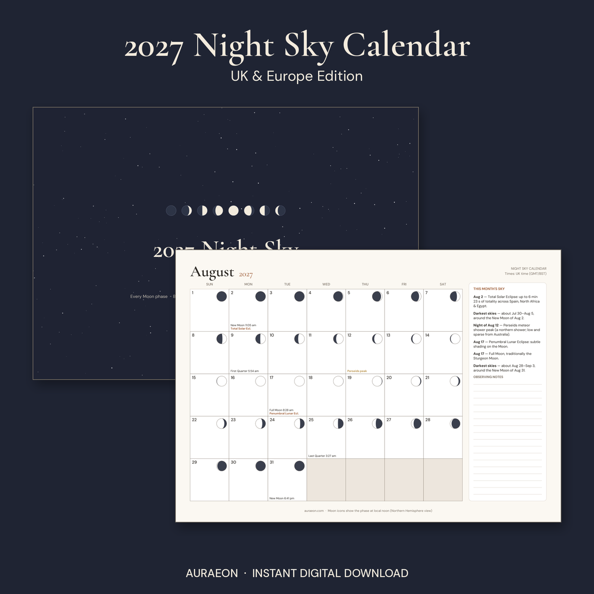 2027 Night Sky Calendar — UK & Europe Edition