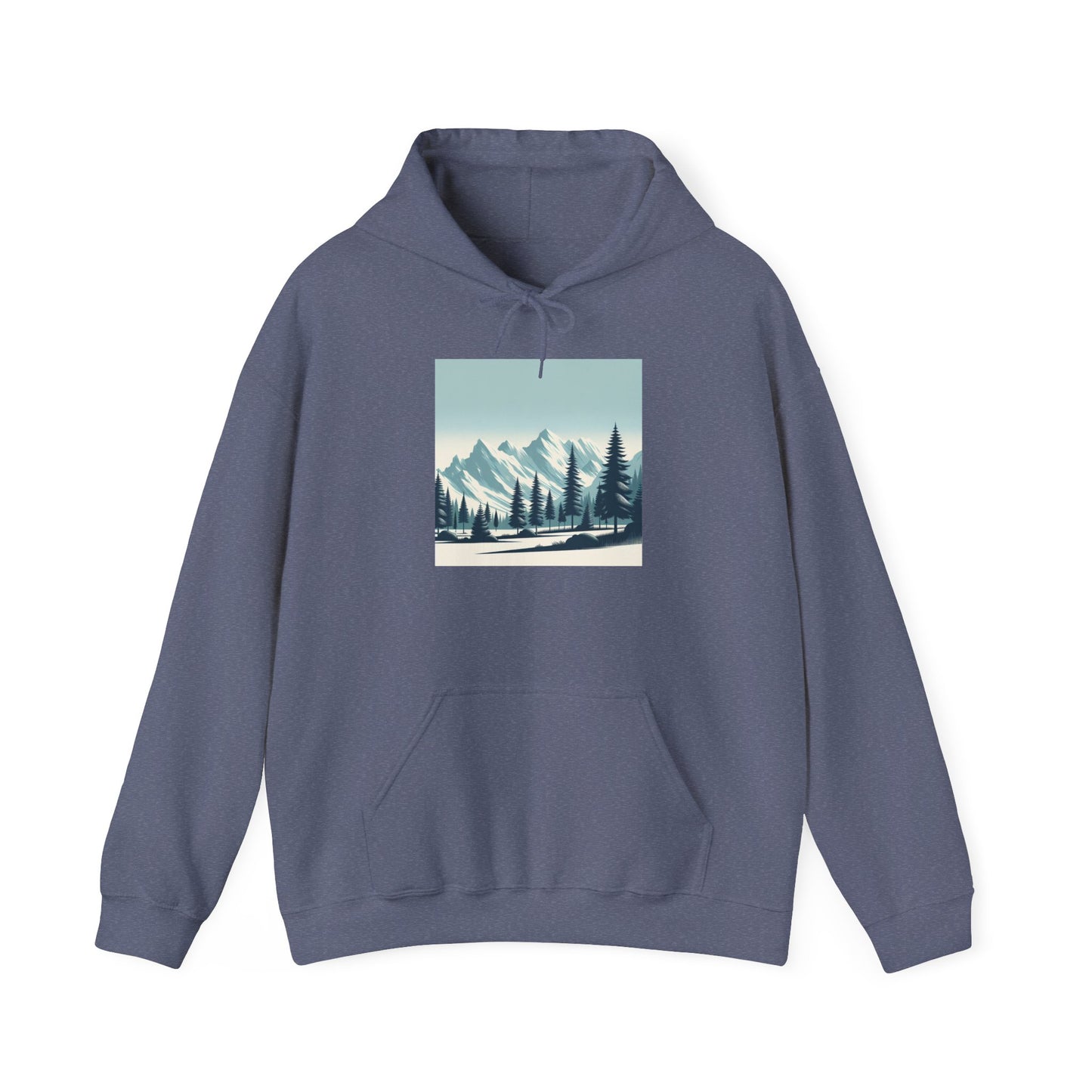 Summit Serenity Hoodie - Unisex Heavy Blend™ Sweatshirt with Pine Trees & Snowy Peaks Design | Wear the Wilderness