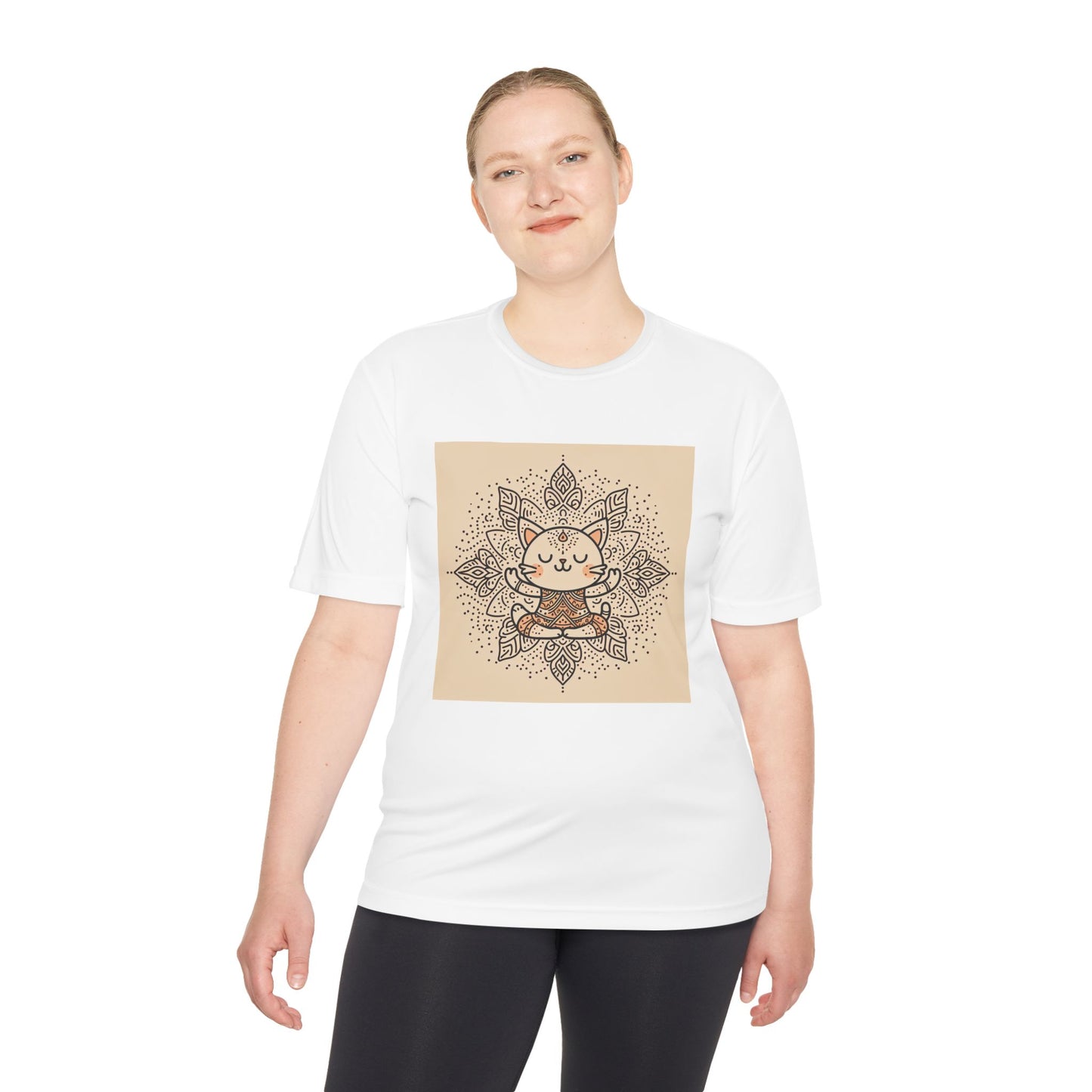 Unisex Moisture-Wicking Tee with Meditating Cat Design - Fitness, Yoga, and Wellness T-Shirt