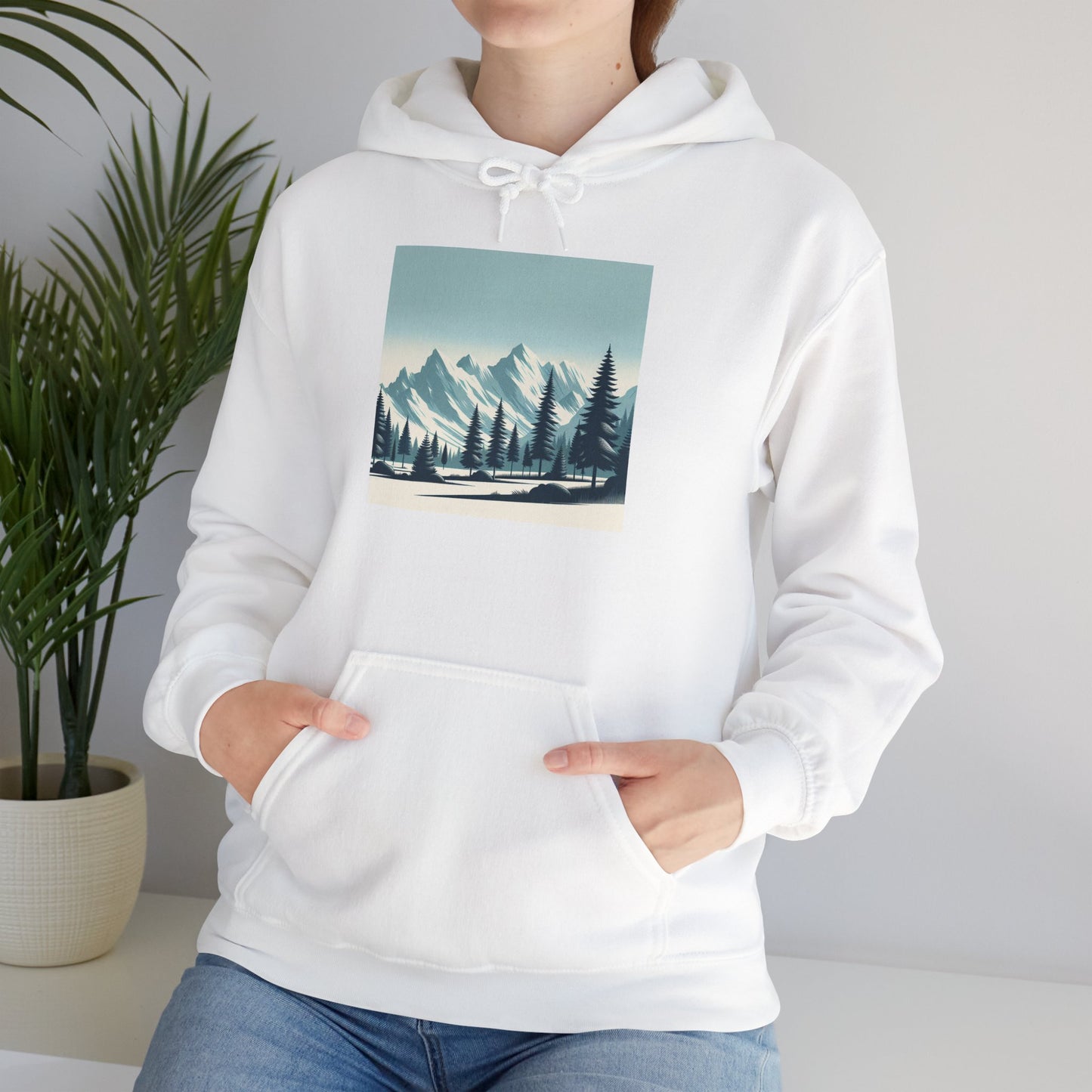 Summit Serenity Hoodie - Unisex Heavy Blend™ Sweatshirt with Pine Trees & Snowy Peaks Design | Wear the Wilderness
