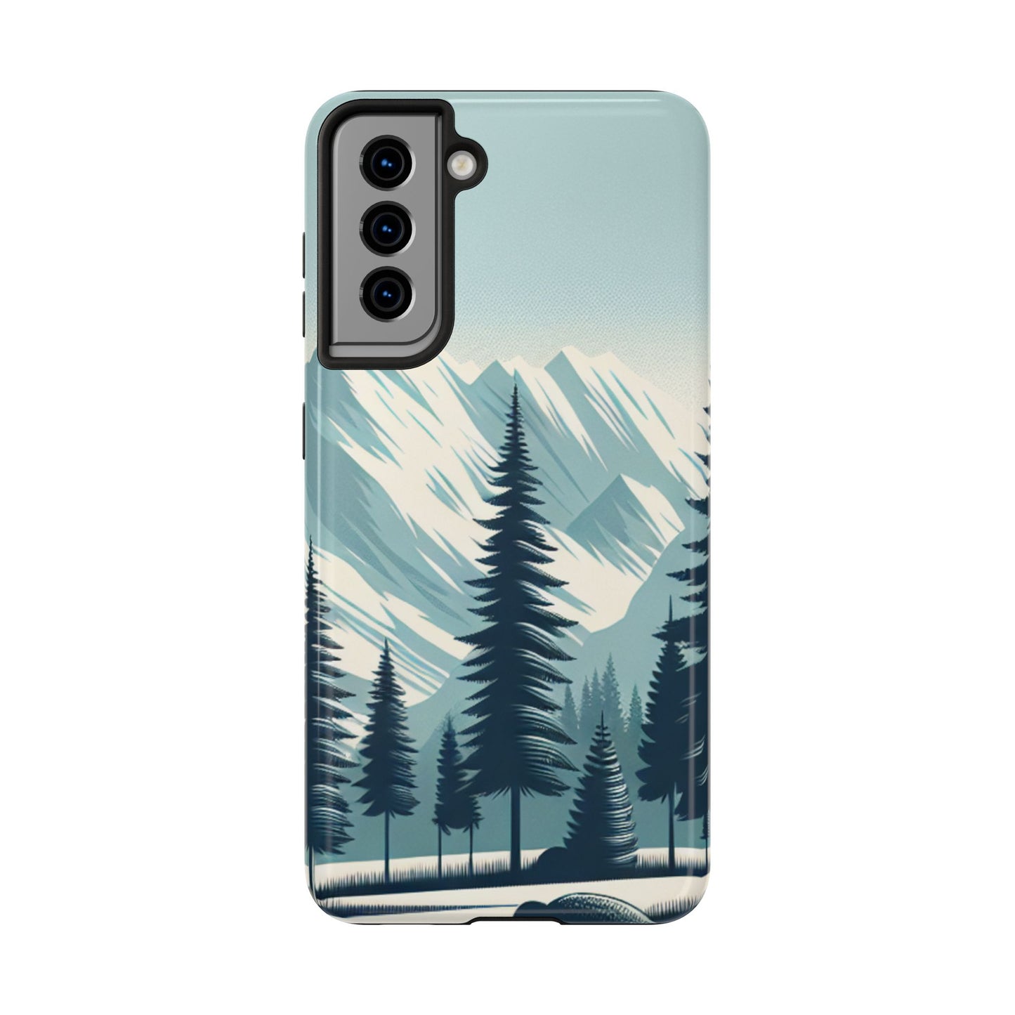 冒険が待っているタフな携帯電話ケース - 雪山の頂上と松の木のデザイン