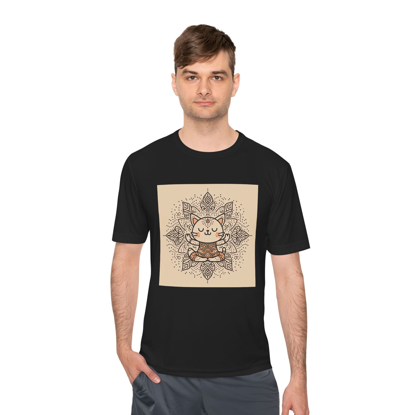 Unisex Moisture-Wicking Tee with Meditating Cat Design - Fitness, Yoga, and Wellness T-Shirt