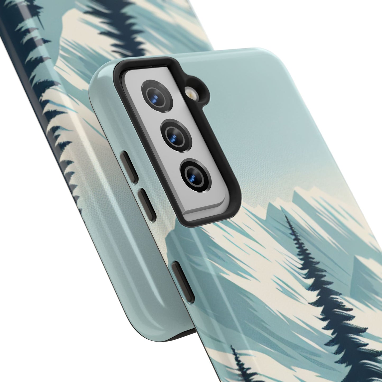 冒険が待っているタフな携帯電話ケース - 雪山の頂上と松の木のデザイン