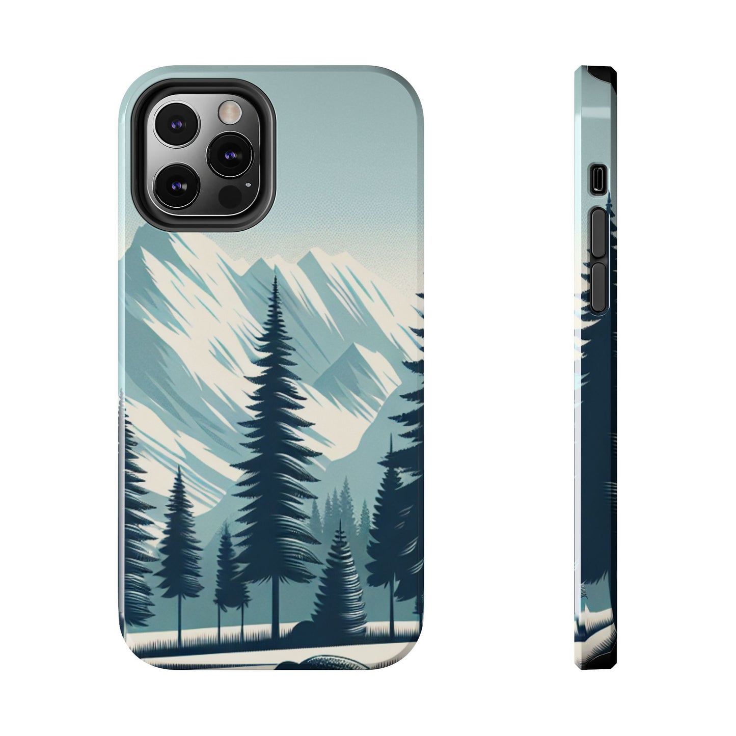 冒険が待っているタフな携帯電話ケース - 雪山の頂上と松の木のデザイン
