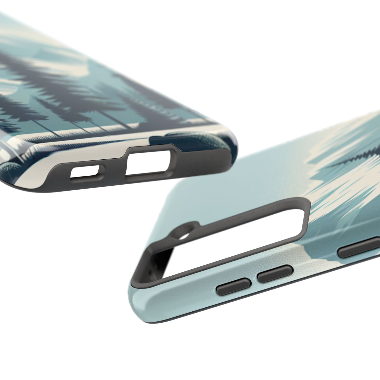 冒険が待っているタフな携帯電話ケース - 雪山の頂上と松の木のデザイン