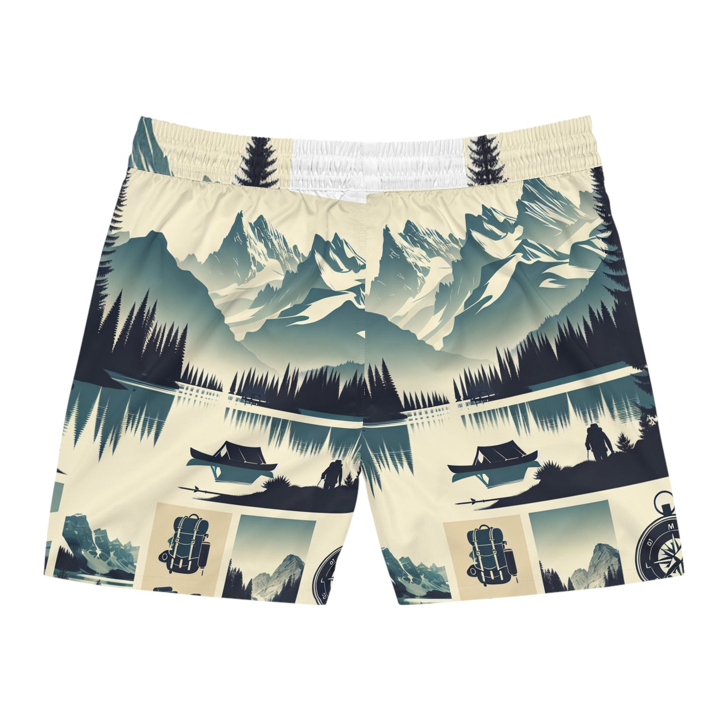 Vintage Mountain Lake Print Swim Shorts - Scenic Outdoor Travel Pattern