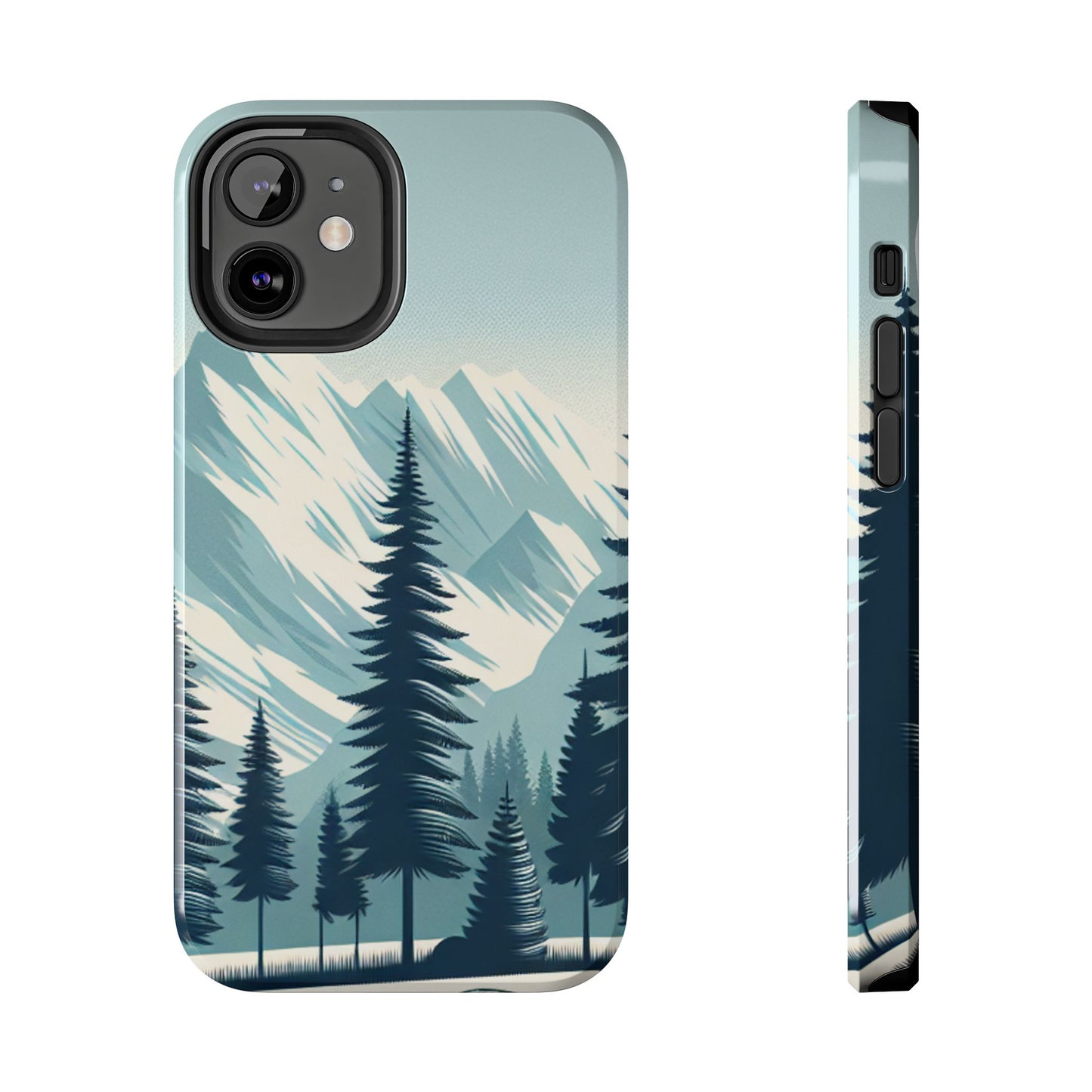 冒険が待っているタフな携帯電話ケース - 雪山の頂上と松の木のデザイン