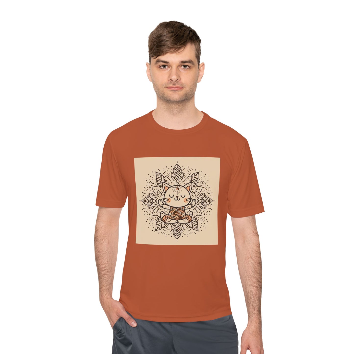 Unisex Moisture-Wicking Tee with Meditating Cat Design - Fitness, Yoga, and Wellness T-Shirt