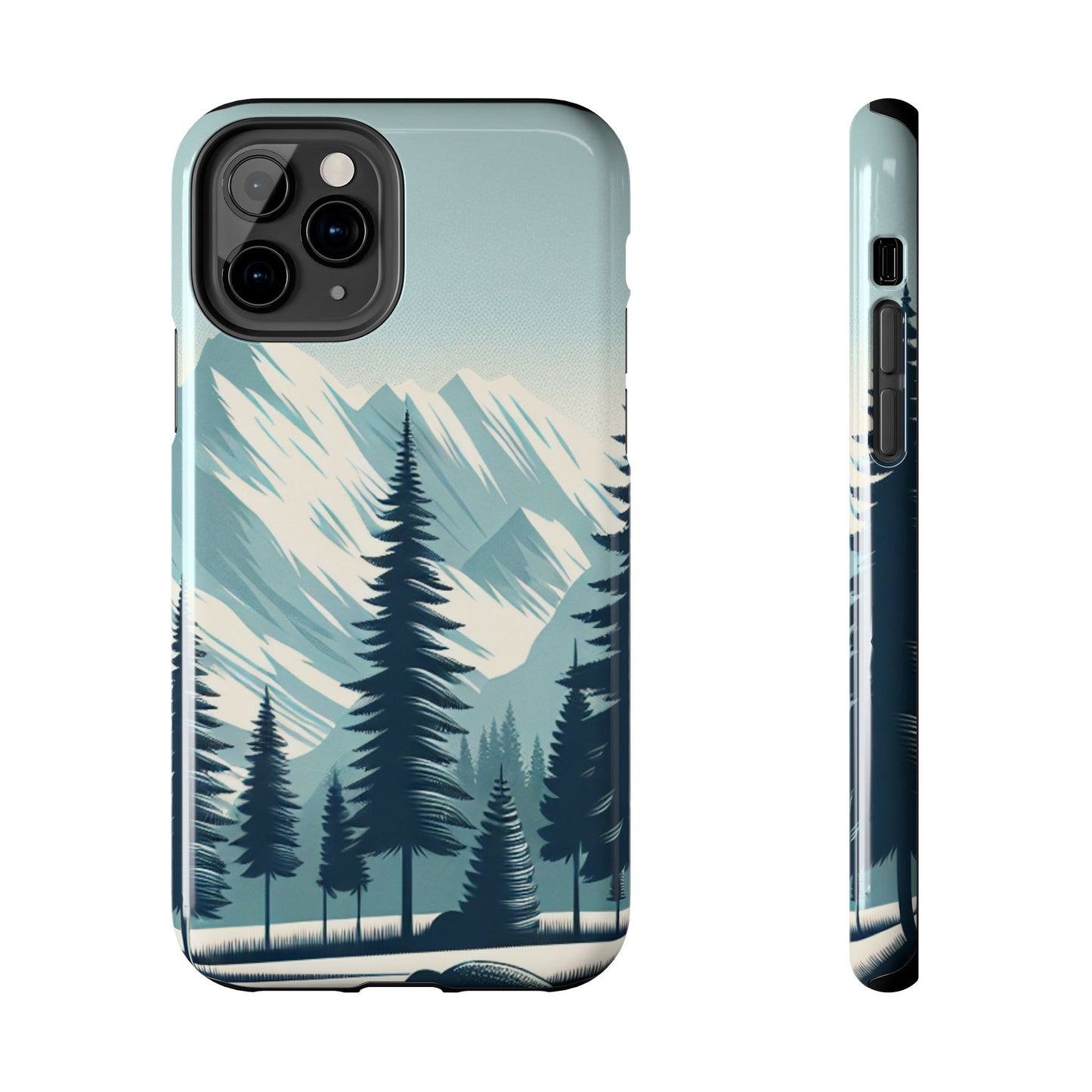 冒険が待っているタフな携帯電話ケース - 雪山の頂上と松の木のデザイン