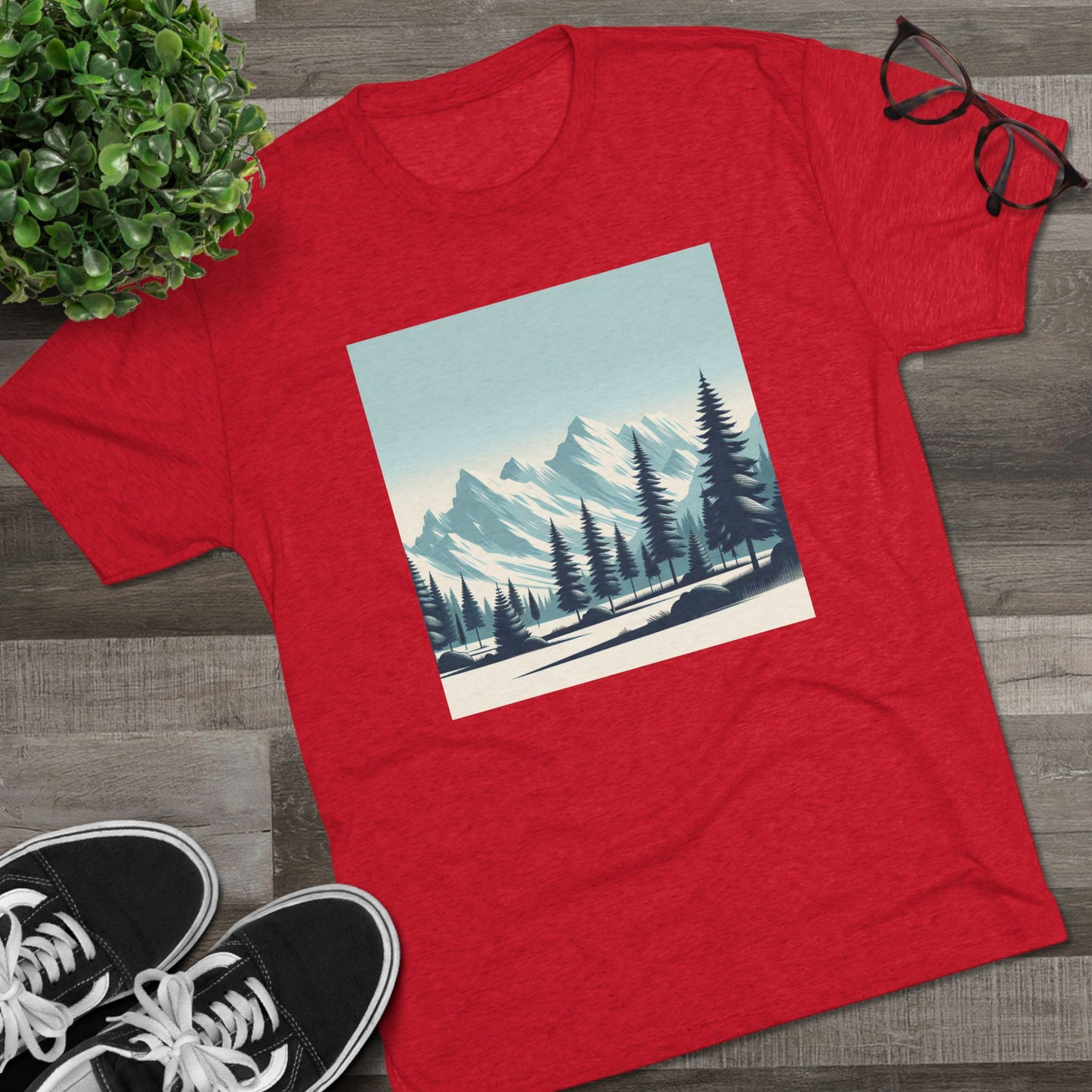 冒険が待っているユニセックストライブレンドクルーTシャツ – スノーウィーマウンテントップス＆パインツリーデザイン