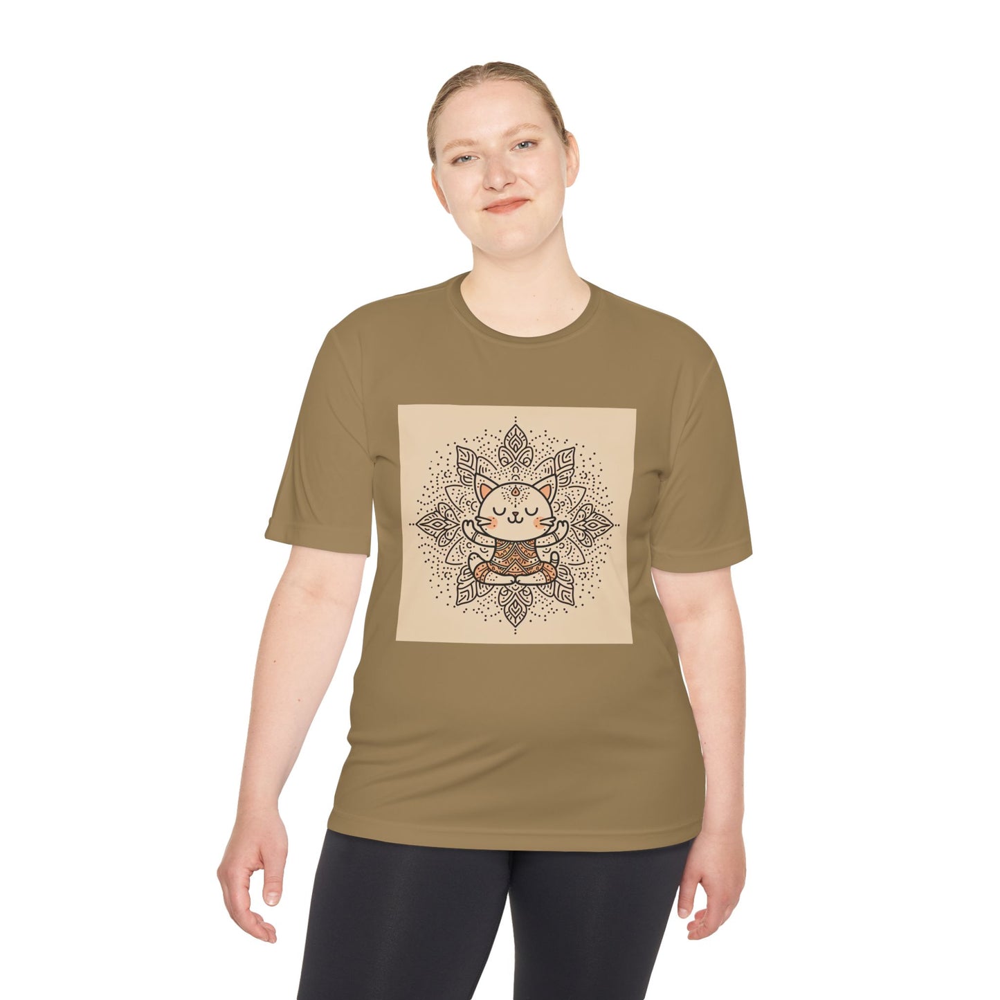 Unisex Moisture-Wicking Tee with Meditating Cat Design - Fitness, Yoga, and Wellness T-Shirt