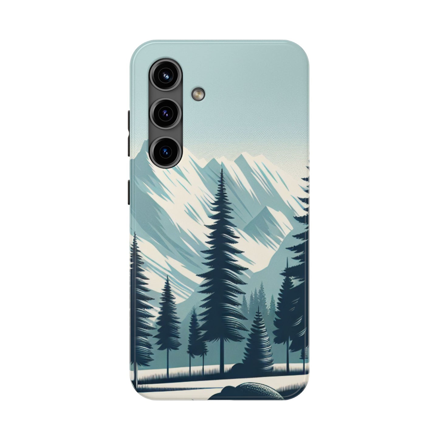 冒険が待っているタフな携帯電話ケース - 雪山の頂上と松の木のデザイン